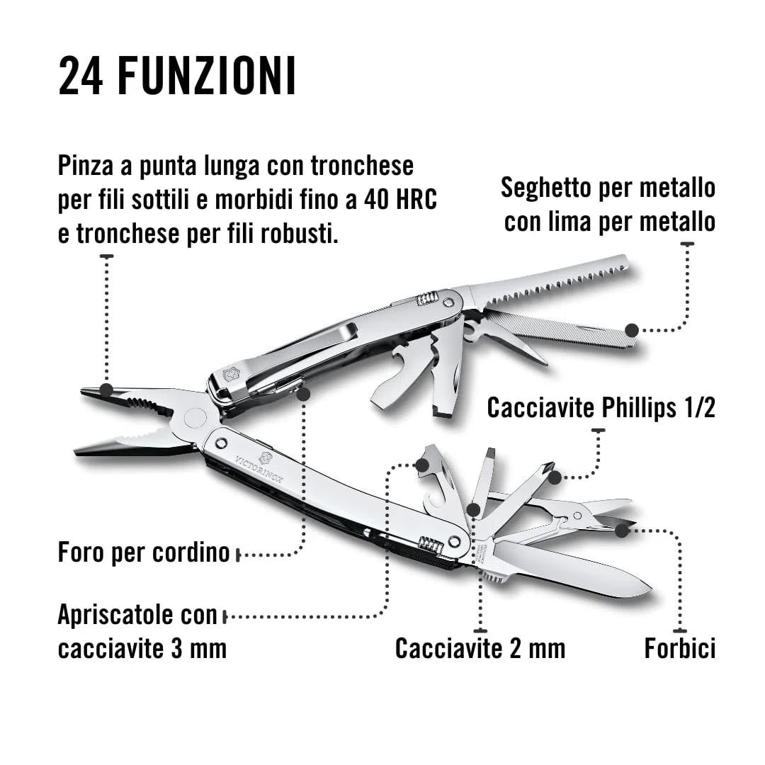 Victorinox Coltellino Svizzero Swiss Tool Spirit MX Clip, 24 Funzioni, Multi-strumento con Pinza, Cacciavite, Apriscatole, Argento