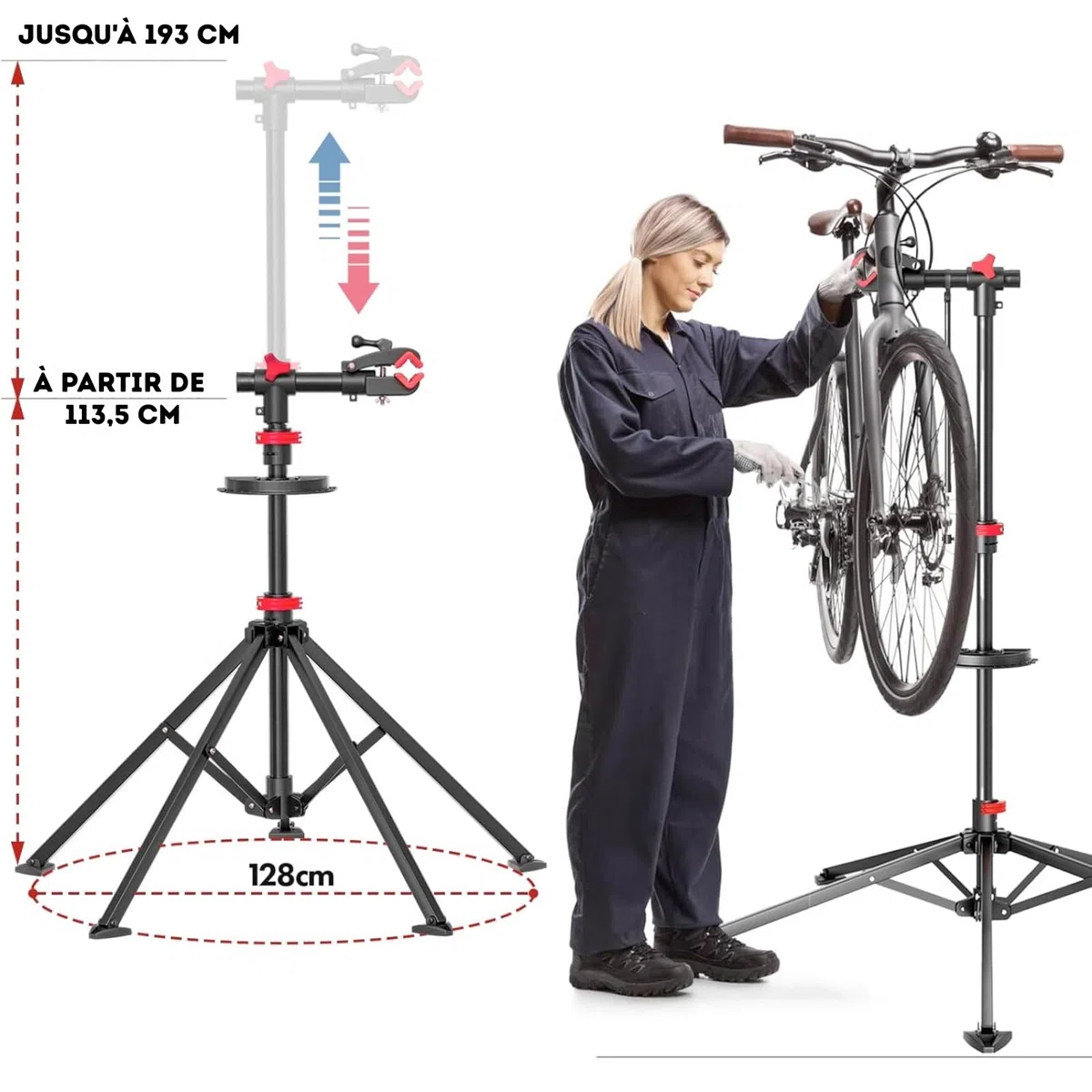 KARAT - Piedino di montaggio per bicicletta fino a 30 kg - Supporto di riparazione professionale girevole, pieghevole, altezza regolabile - 128x128x113,5 cm