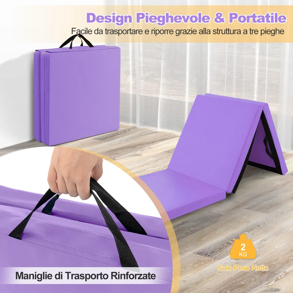 GYMAX Tappetino da Yoga, 180 x 60 x 5 cm, Materassino per Ginnastica 3 Segmenti, Pieghevole e Portatile con Manico