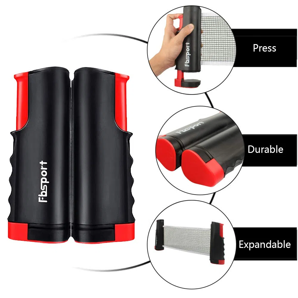 FBSPORT Set da ping pong, set portatile da ping pong con rete retrattile, 2 racchette, 6 palline e borsa per il trasporto, per bambini e adulti, giochi per interni ed esterni, nero