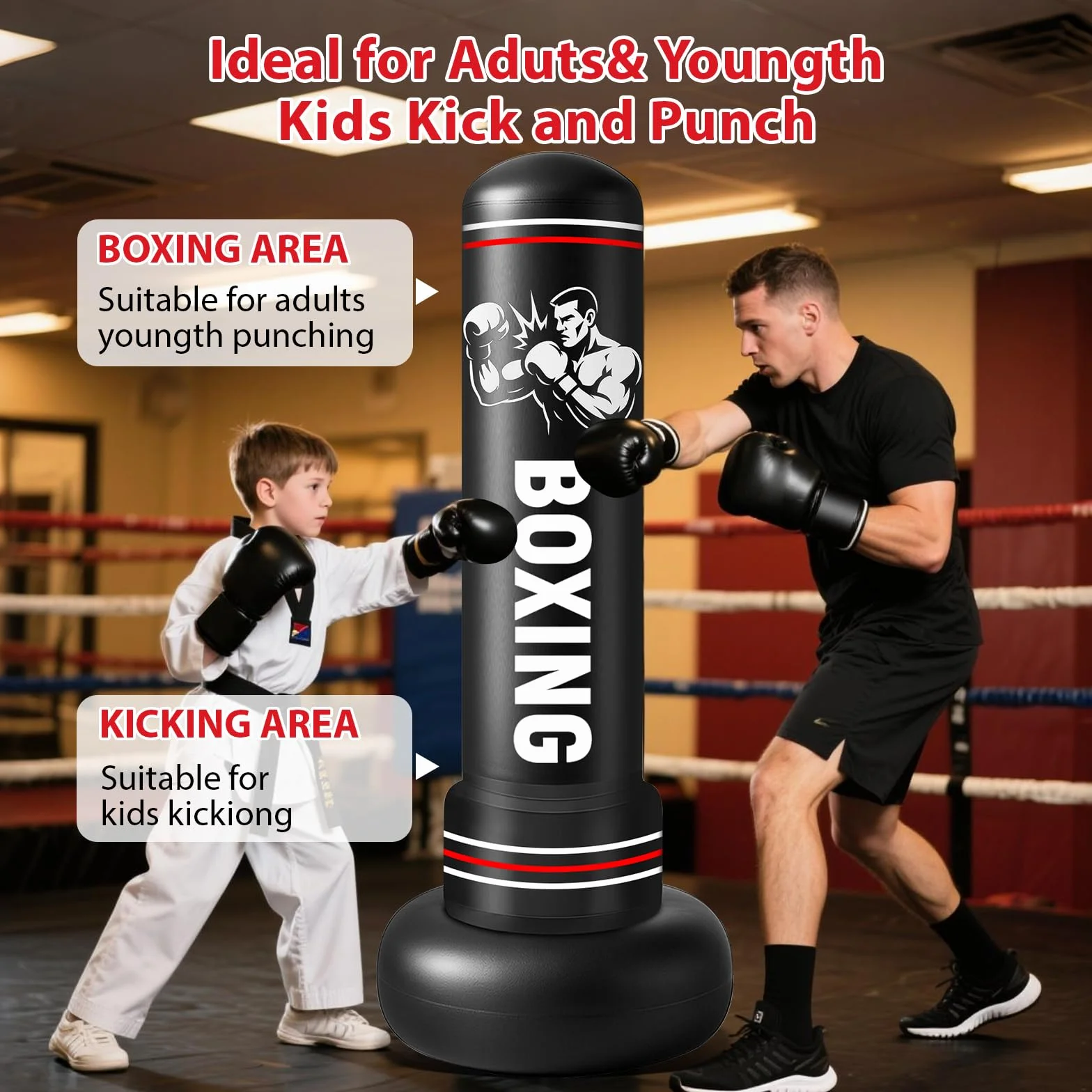 Sacco da Boxe da Terra,190cm Sacco da Boxe per Adulti Gonfiabile con Guantoni e Pompa, Gonfiabile Pungiball Bambini per Kickboxing, Karate, Boxing Bag da Casa e Ufficio