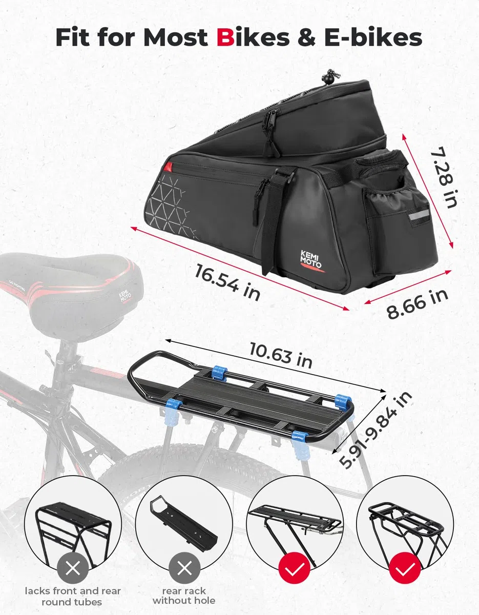 KEMIMOTO Borsa Bici Posteriore 3 in 1, 15L Borsa per Bicicletta Posteriori Impermeabile con Copertura Anti-Pioggia, Borse per Bici con Tracolla e Maniglia per Strada Bike Mountain Bike