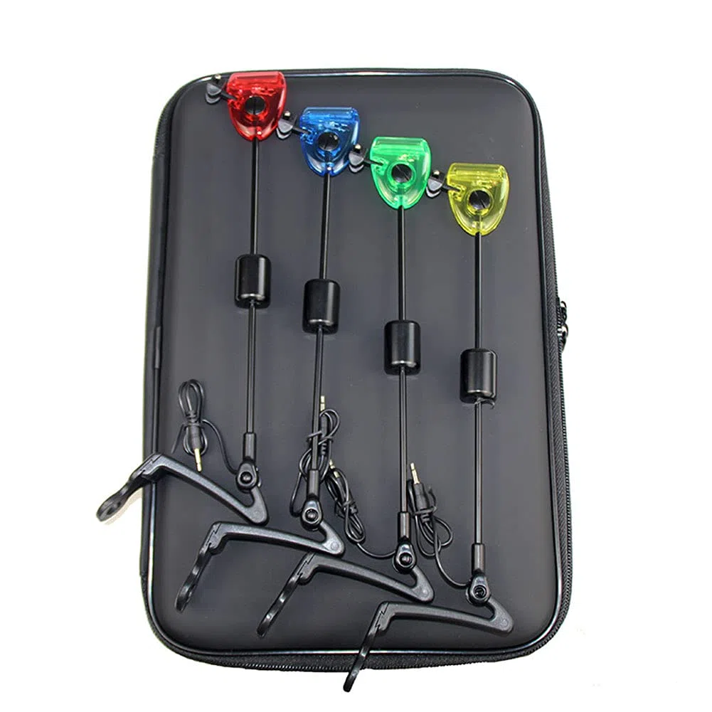 4pcs Allarme da Pesca Allarme Swinger LED Indicatore Illuminato Carpa Swingers Swingers Glassing Bobine 4 Colori Carpa Accessorio Strumenti di Pesca in Custodia zippata