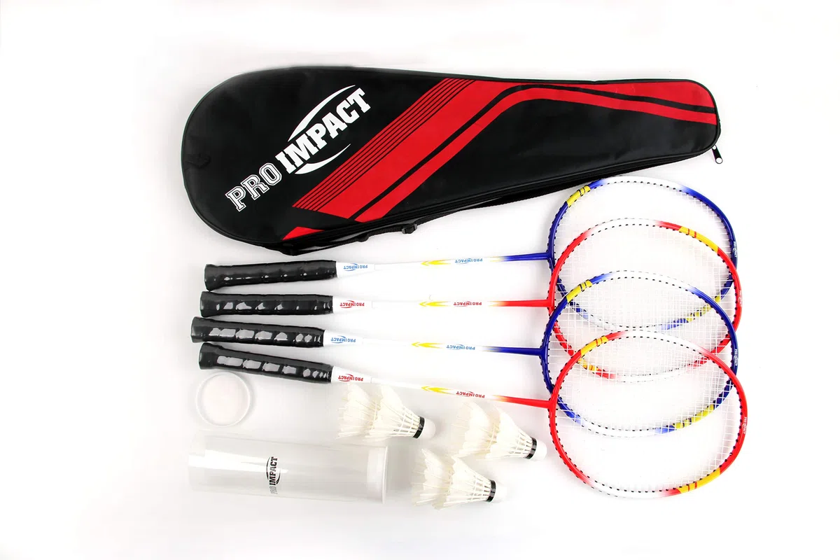 Set da badminton con testa in alluminio e asta in acciaio, include racchette, volani con piume e custodia per il trasporto, giochi all'aperto per bambini, adulti e famiglia (4 racchette, 6