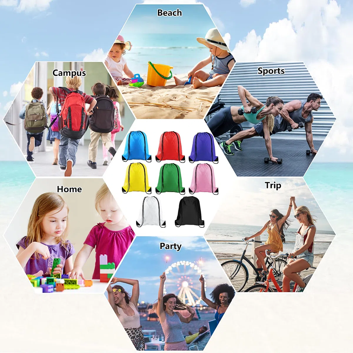 Borse con coulisse per bambini, zaino da palestra con lacci, impermeabile, per scuola, viaggi, nuoto, campeggio, arrampicata, ciclismo, picnic, feste, 43 x 34 cm