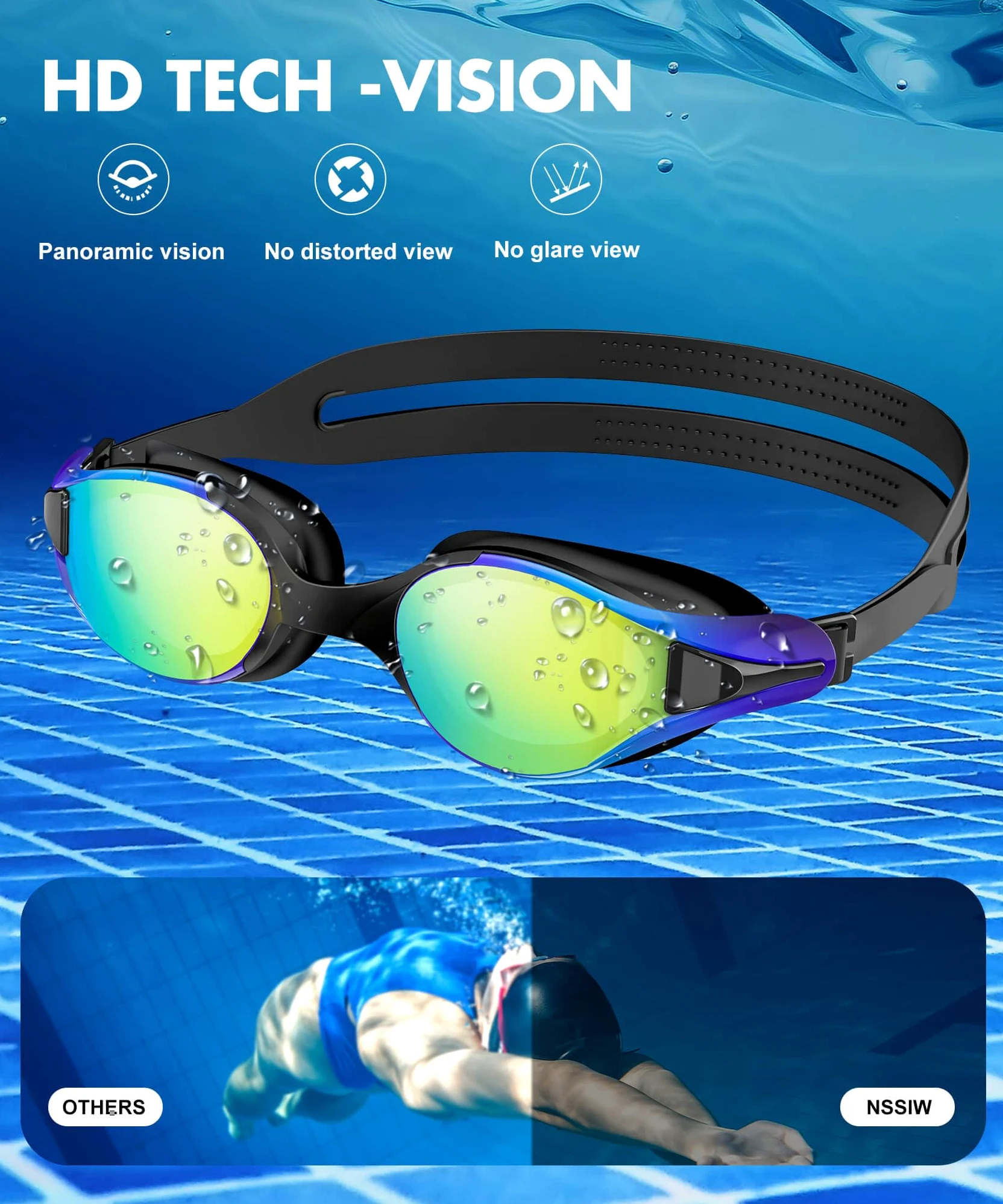NSSIW Occhialini da nuoto per adulti, anti appannamento con protezione UV400 e senza perdite, per uomini e donne, confezione da 3