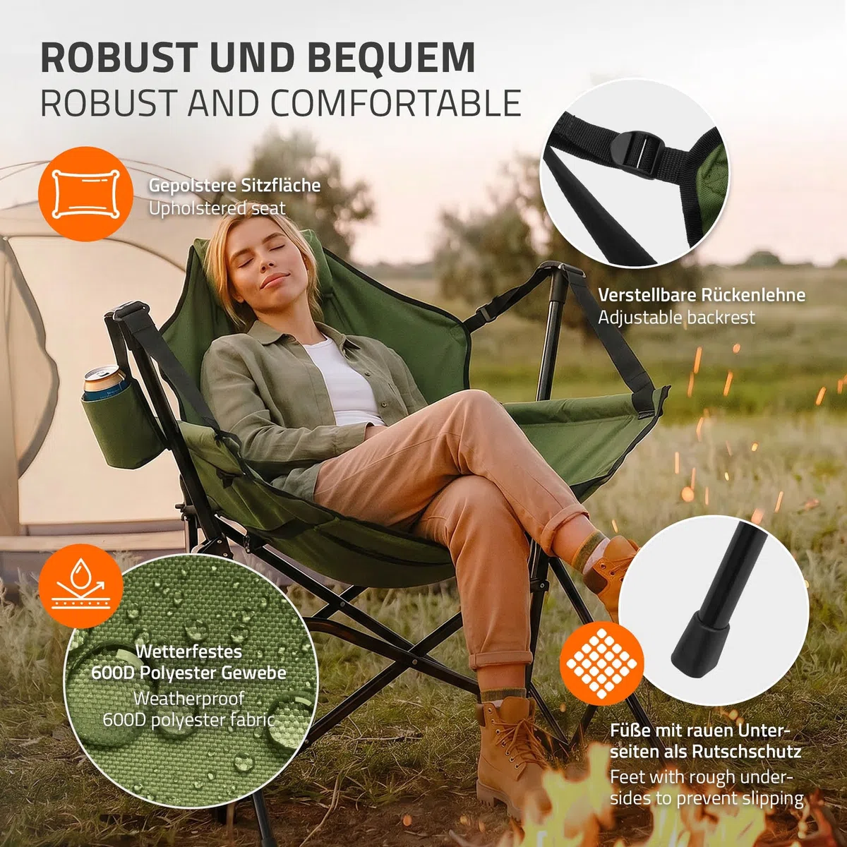 ECD Germany Sedia da Campeggio Pieghevole, Cachi, Struttura in Acciaio, Schienale Alto Regolabile, Imbottita, con Portabicchieri, Cuscino Poggiatesta e Borsa Trasporto, Sedia da Pesca a Dondolo
