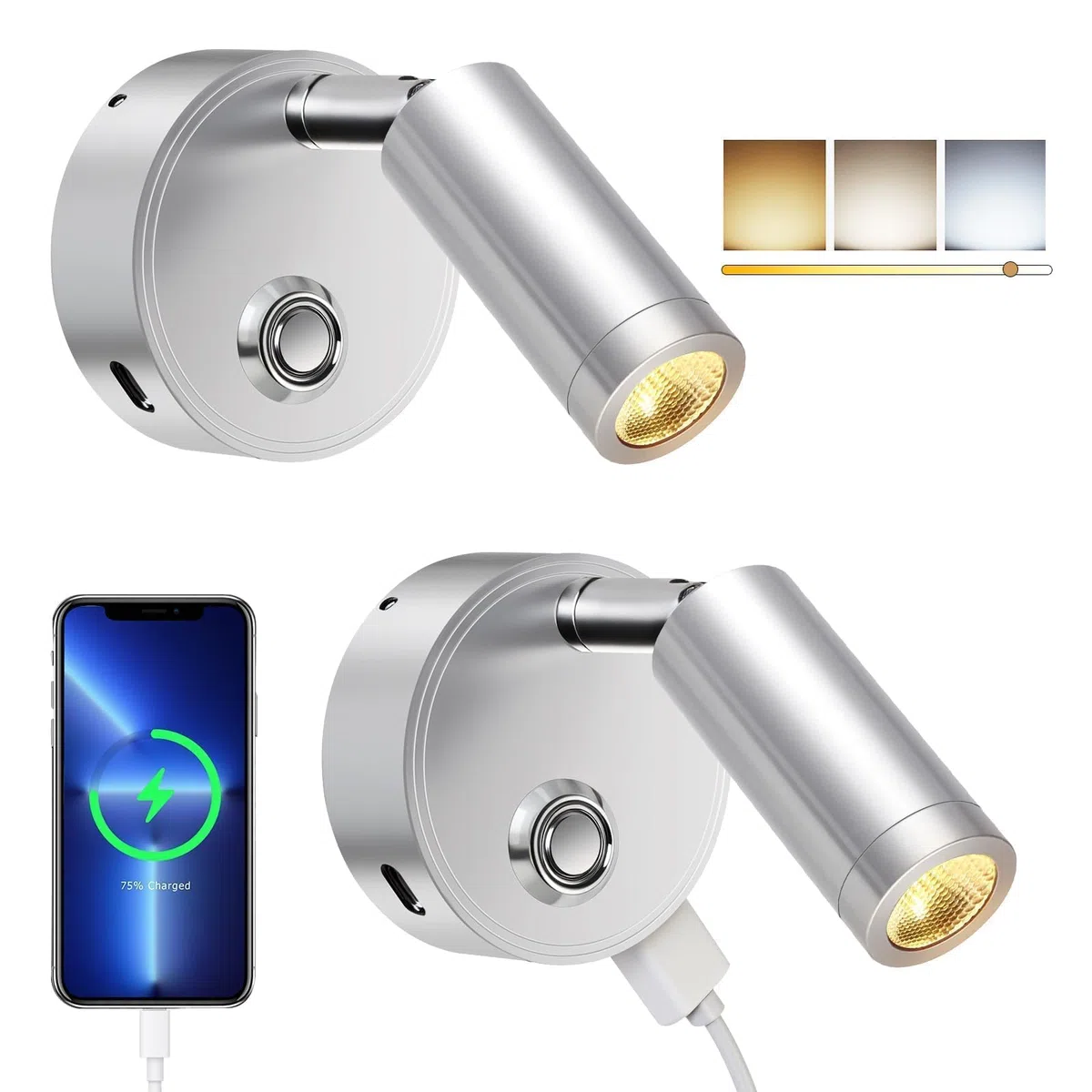 ERWEY 2 pezzi LED lampada da lettura 12V camper touch dimmerabile 3 modalità di temperatura di colore con funzione di ricarica USB A + C connettori, illuminazione interna per barca Van Yacht, argento