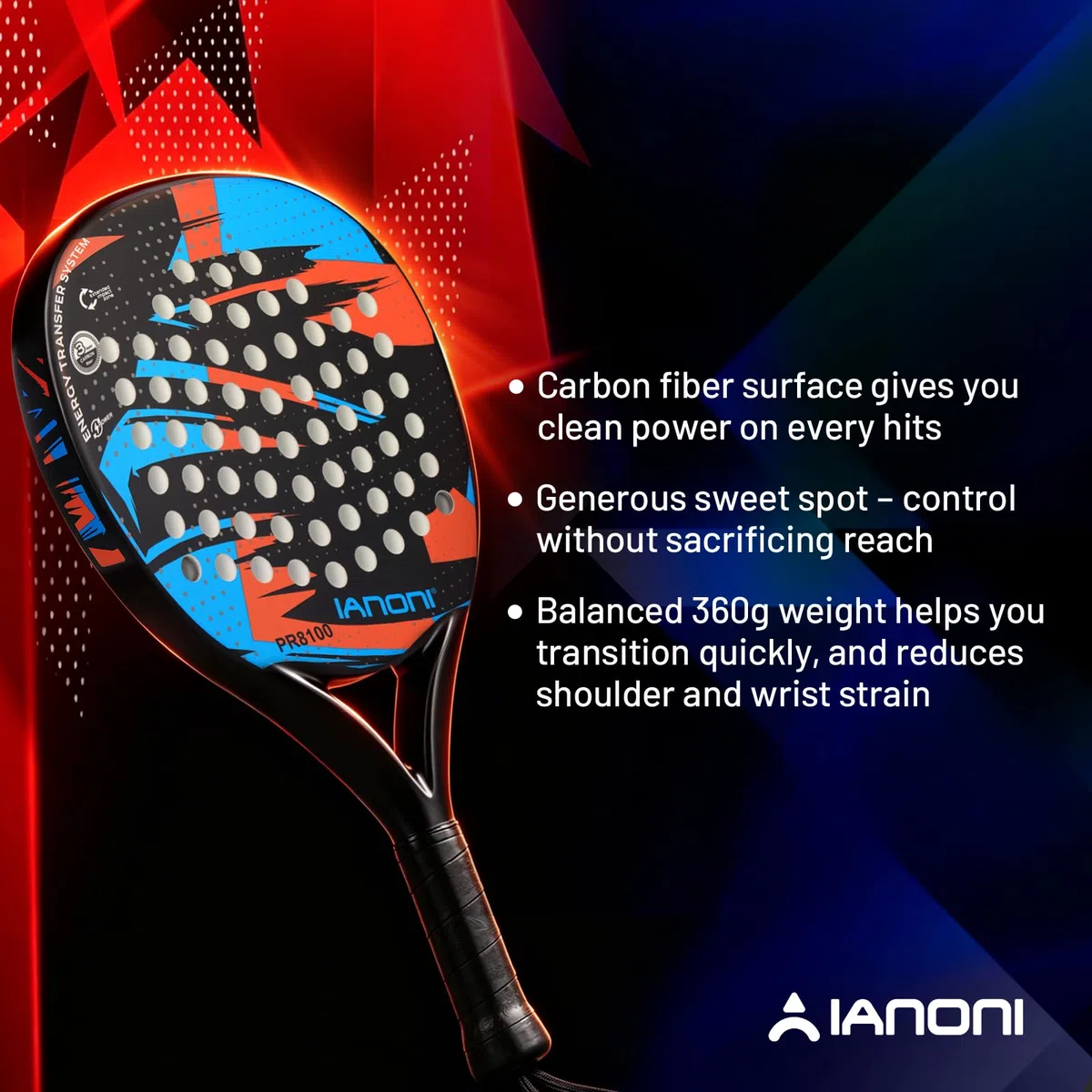 ianoni Racchetta da padel con superficie in fibra di carbonio con nucleo in schiuma EVA Memory Flex, arancione