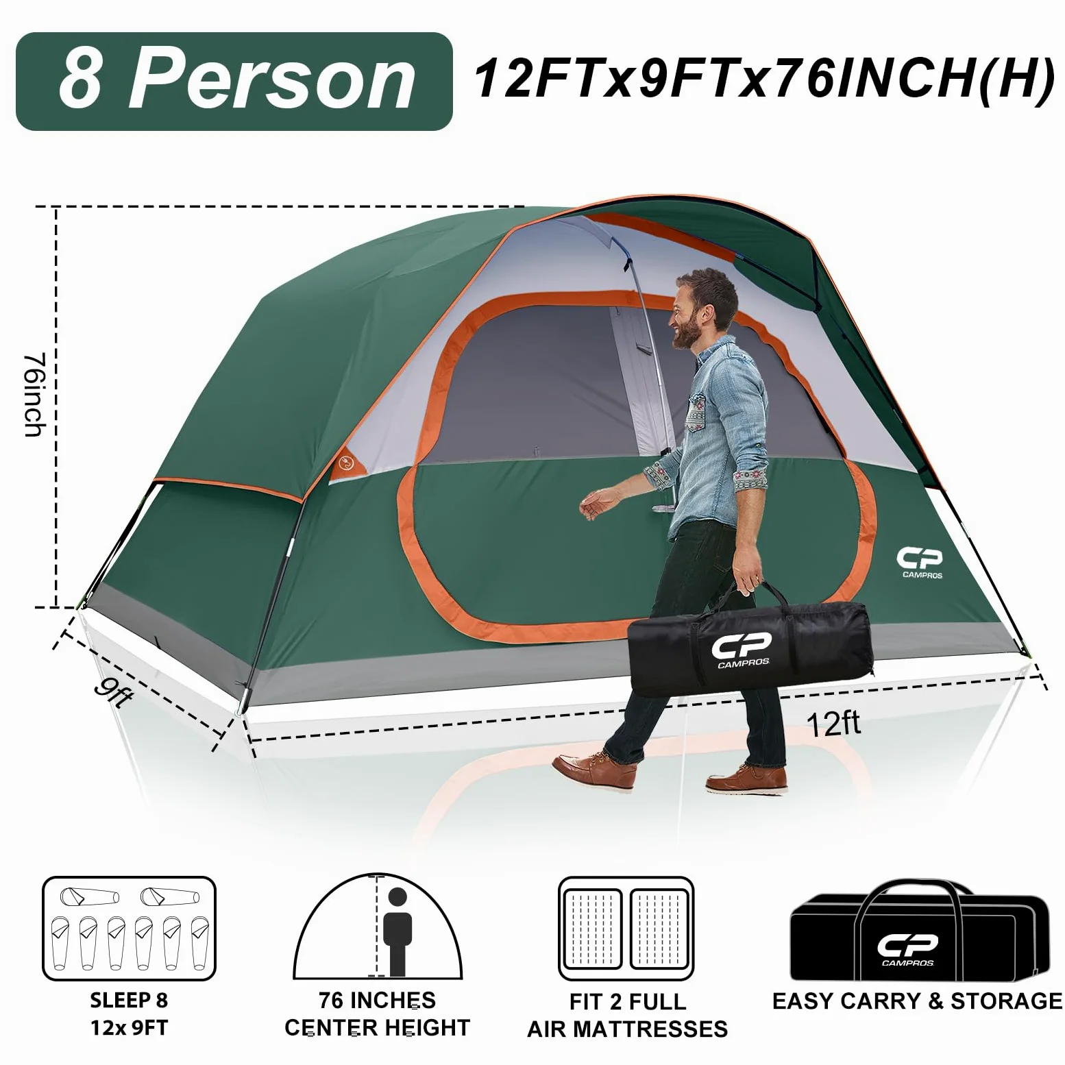 CAMPROS CP Tenda da campeggio per 6/8 persone, impermeabile, antivento, tenda a cupola per famiglie con copertura superiore antipioggia, grandi finestre a rete, doppio strato, facile da montare