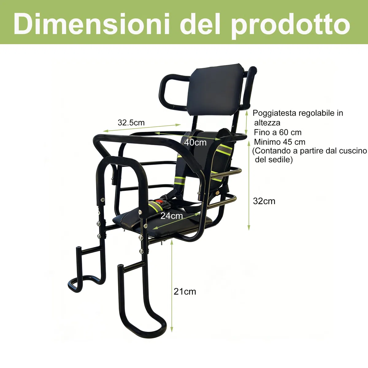 QMD Seggiolino Posteriore per Bambini con poggiatesta Regolabile; seggiolino Posteriore per Bici con poggiapiedi, Schienale e maniglione di Sicurezza. Progettato per Bambini dai 18 Mesi agli 8 Anni.