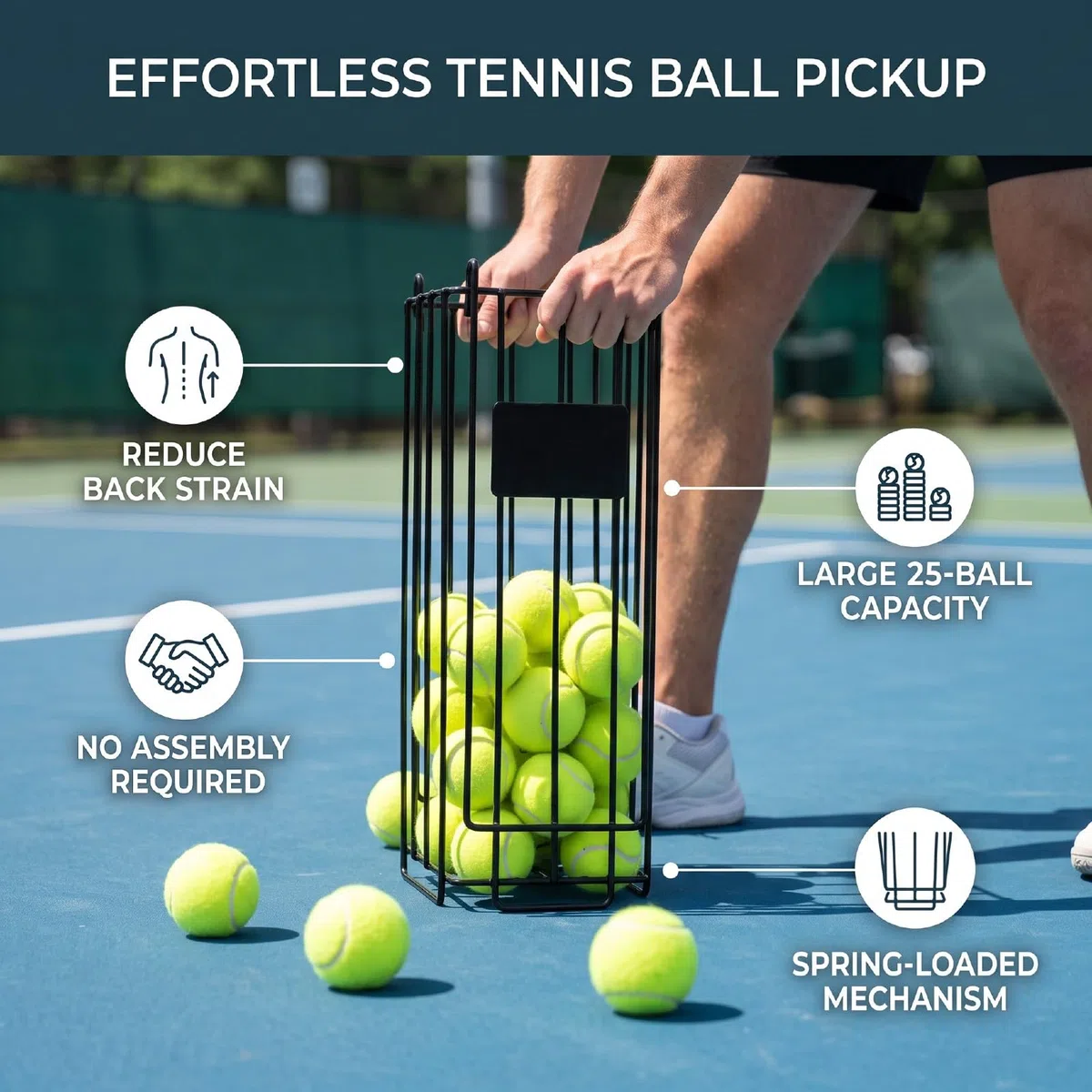 banapoy Cestino Raccoglitore Portatile per Palline da Tennis, Raccolta | Può Contenere Fino a 25 Palline, Raccolta Rapida, Raccolta a Molla, Raccoglitore di Palline con Manico Lungo per