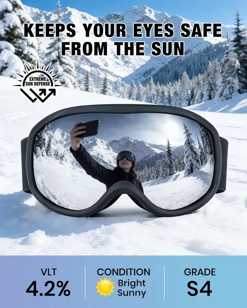 FMY Occhiali da snowboard e sci per adulti, anti appannamento, protezione UV, occhiali da sci per uomini, donne e giovani
