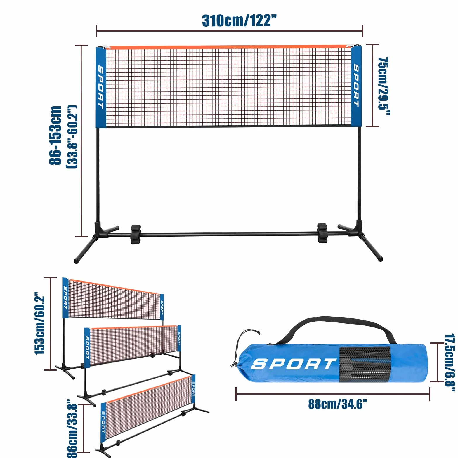 AKOZLIN Rete da badminton portatile, regolabile in altezza, con pali e borsa per il trasporto, per badminton, pallavolo, tennis, pickleball, calcio, tennis, facile installazione, 3 m/4,1 m/5,1 m