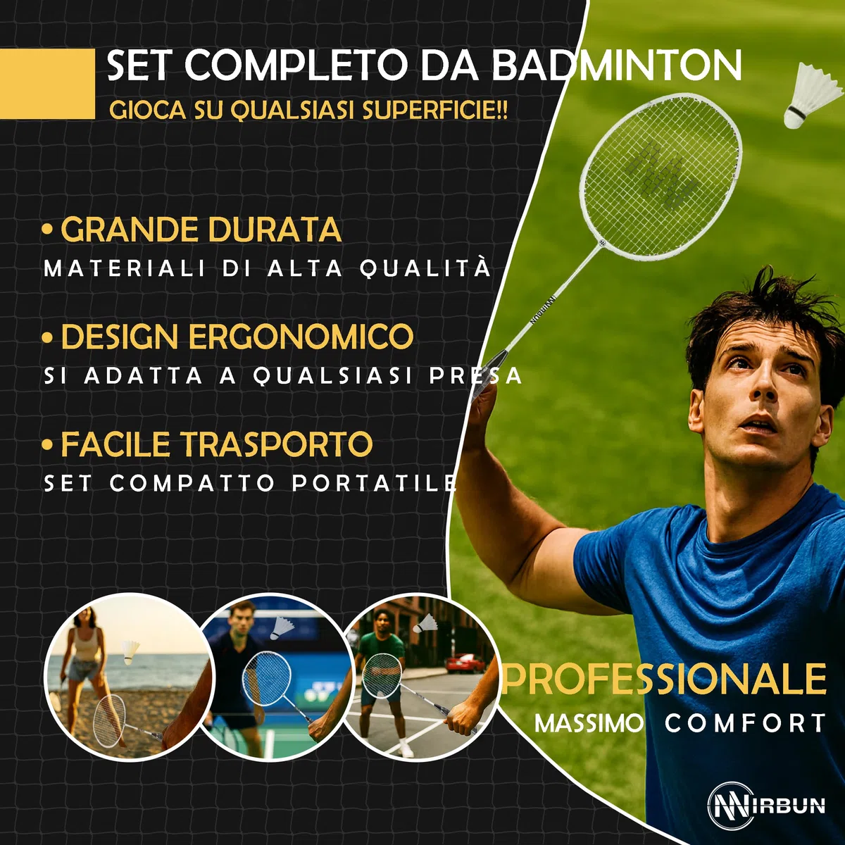 Set da badminton per 4 giocatori con rete | Racchette professionali + 3 volani + borsa per il trasporto | Robusta struttura in metallo | Rete da 5,1 | Gioco per famiglie per interni esterni