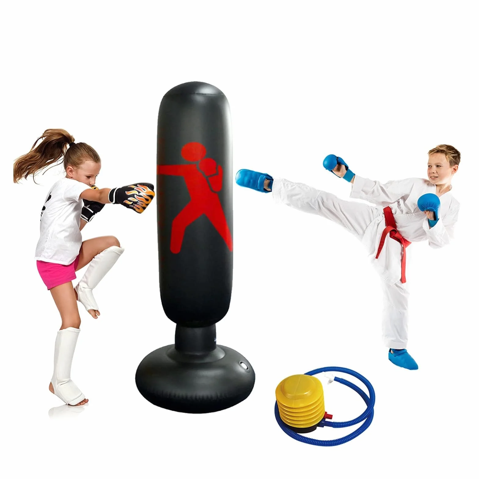 Sacco da Boxe Bambini 160cm/63 Pollici Gonfiabile Sacco da Boxe da Terra con Colonna da Boxe E Base Spessa per Kickboxing di Karate, Attrezzature di Allenamento