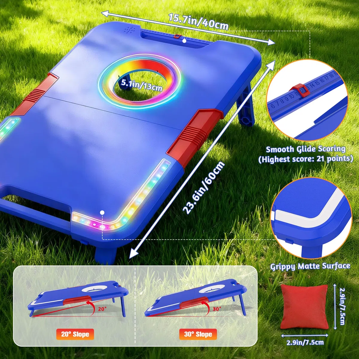VATOS Set da Cornhole Portatile con Luci LED ed Effetti Sonori, Punteggiatore, Pieghevole – 2 Tavole e 8 Sacchetti per Giardino, Campeggio, Feste nel Posto Auto, Gioco all’Aperto per Bambini e Adulti | 2 tavole pieghevoli e 8 pouf per cortile, campeggio,