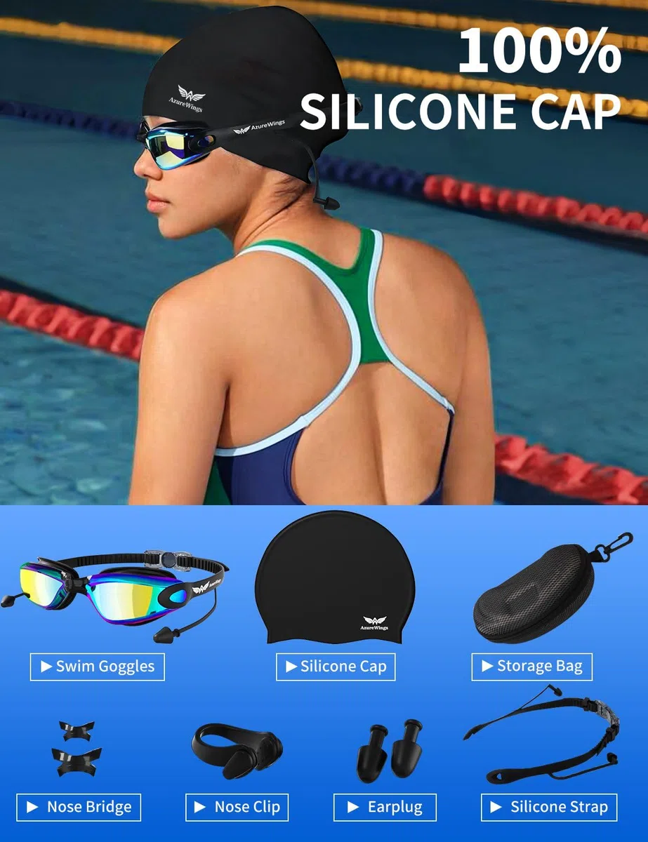 Occhialini da nuoto 7 in 1 + cuffia da nuoto per uomini e donne, nessuna perdita, anti-appannamento e UV, lenti in policarbonato ad alta visibilità HD a specchio