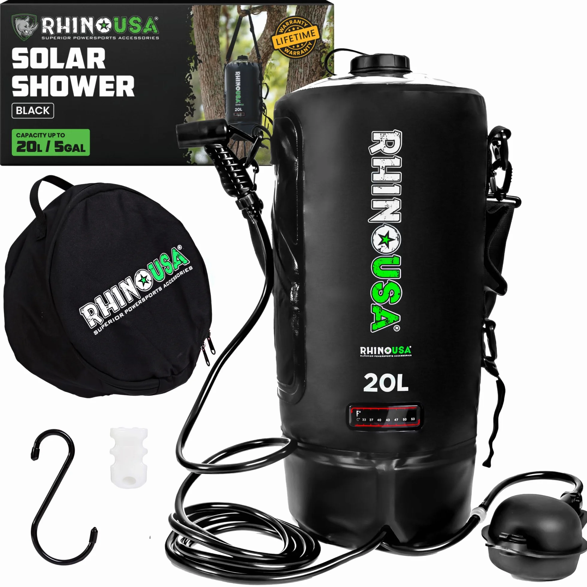 Rhino USA Doccia portatile da campeggio solare da 20 l, essenziale per campeggio, festival, overlanding, gite in spiaggia, doccia all'aperto e molto altro ancora