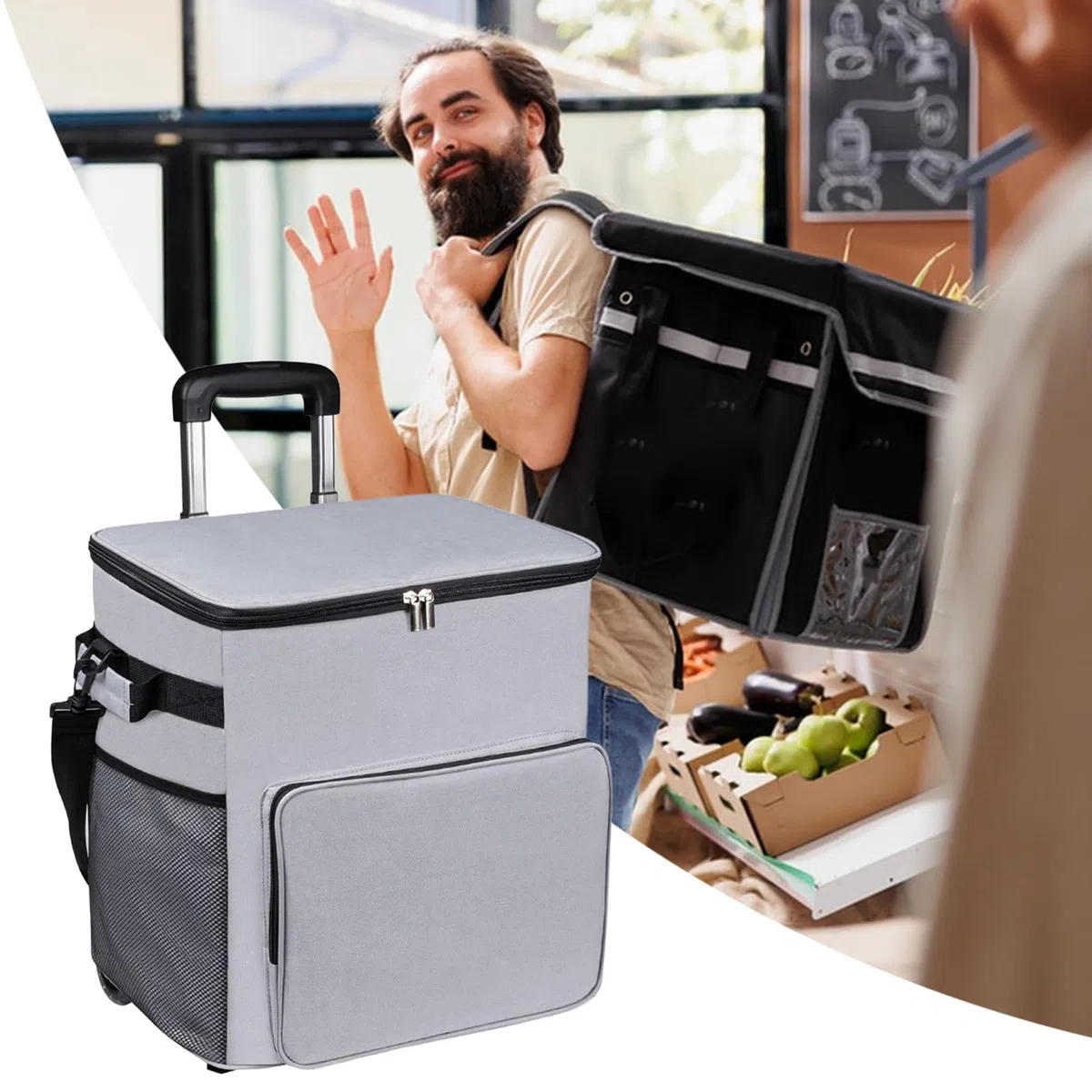 Borsa termica con ruote, morbida borsa termica con ruote, borsa termica morbida con manico, 35 l, borsa termica da viaggio per esterni, patio, picnic, campeggio