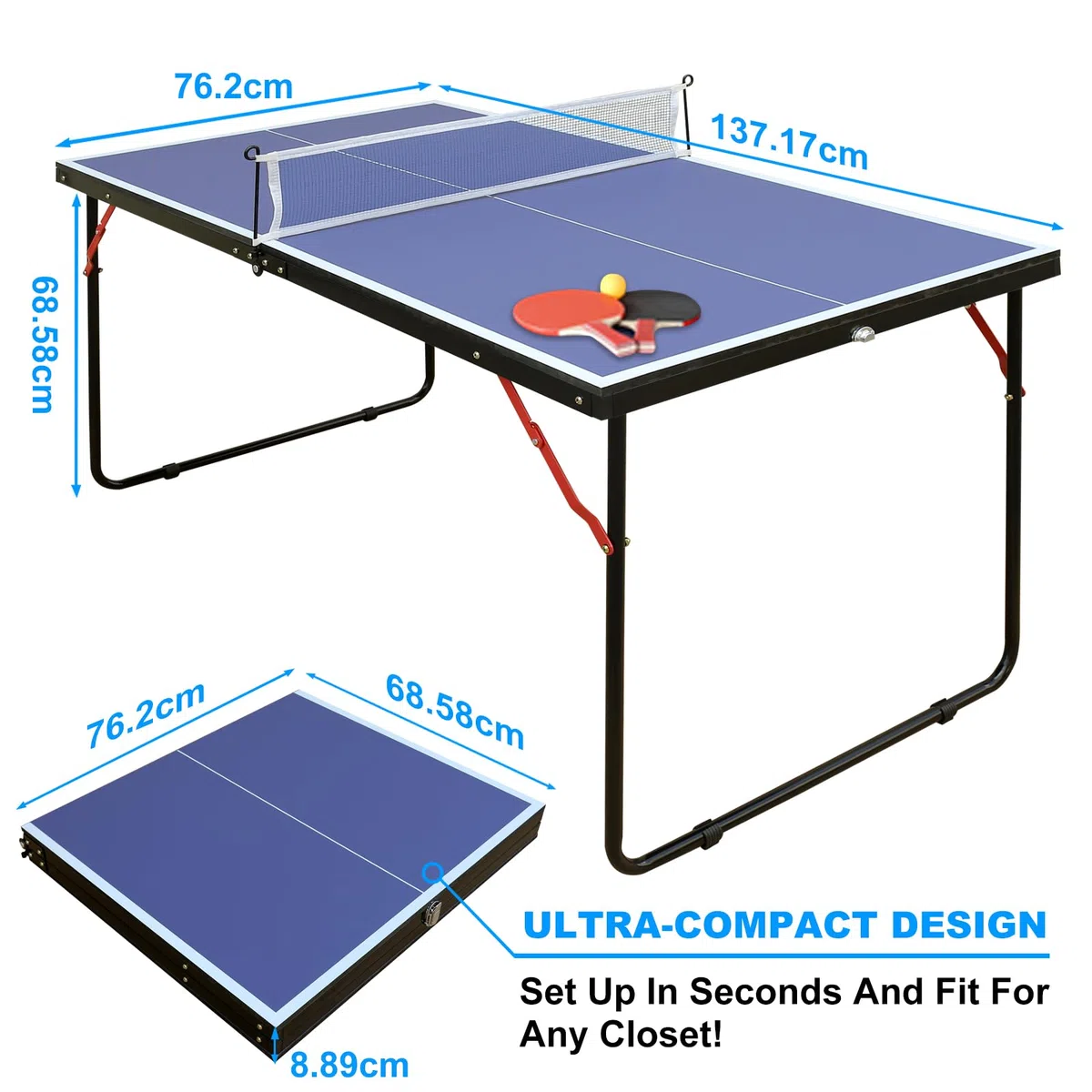 Tavolo da Ping Pong in MDF, Interno ed Esterno, Blu, 137.17x76.2x68.58 cm