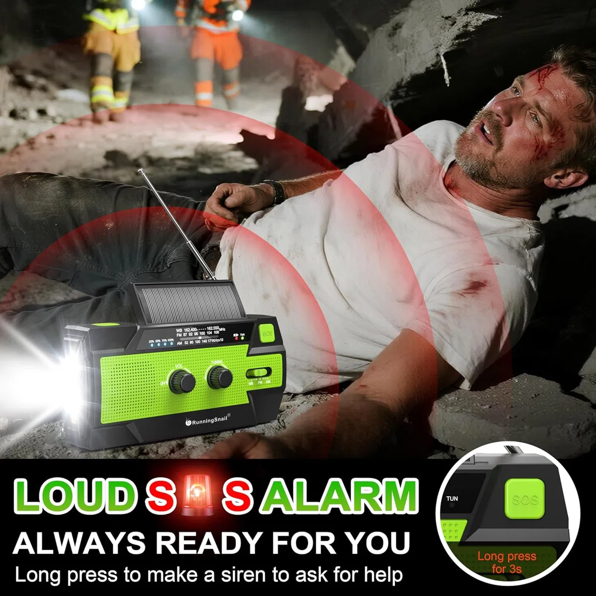 Radio di emergenza a manovella, 4000 mAh, con manovella a energia solare, portatile, AM/FM/NOAA, radio meteorologica con torcia da 1 W e lampada da lettura con sensore di movimento, caricabatterie per