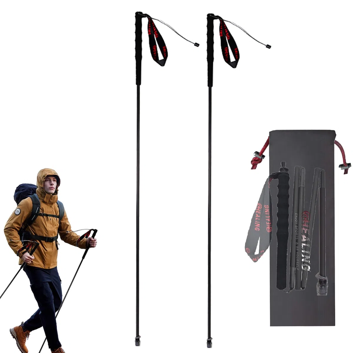 Bastone da trekking pieghevole in fibra di carbonio, ultraleggero, per appassionati di alpinismo, adatto per viaggi, campeggio, escursionismo, 3