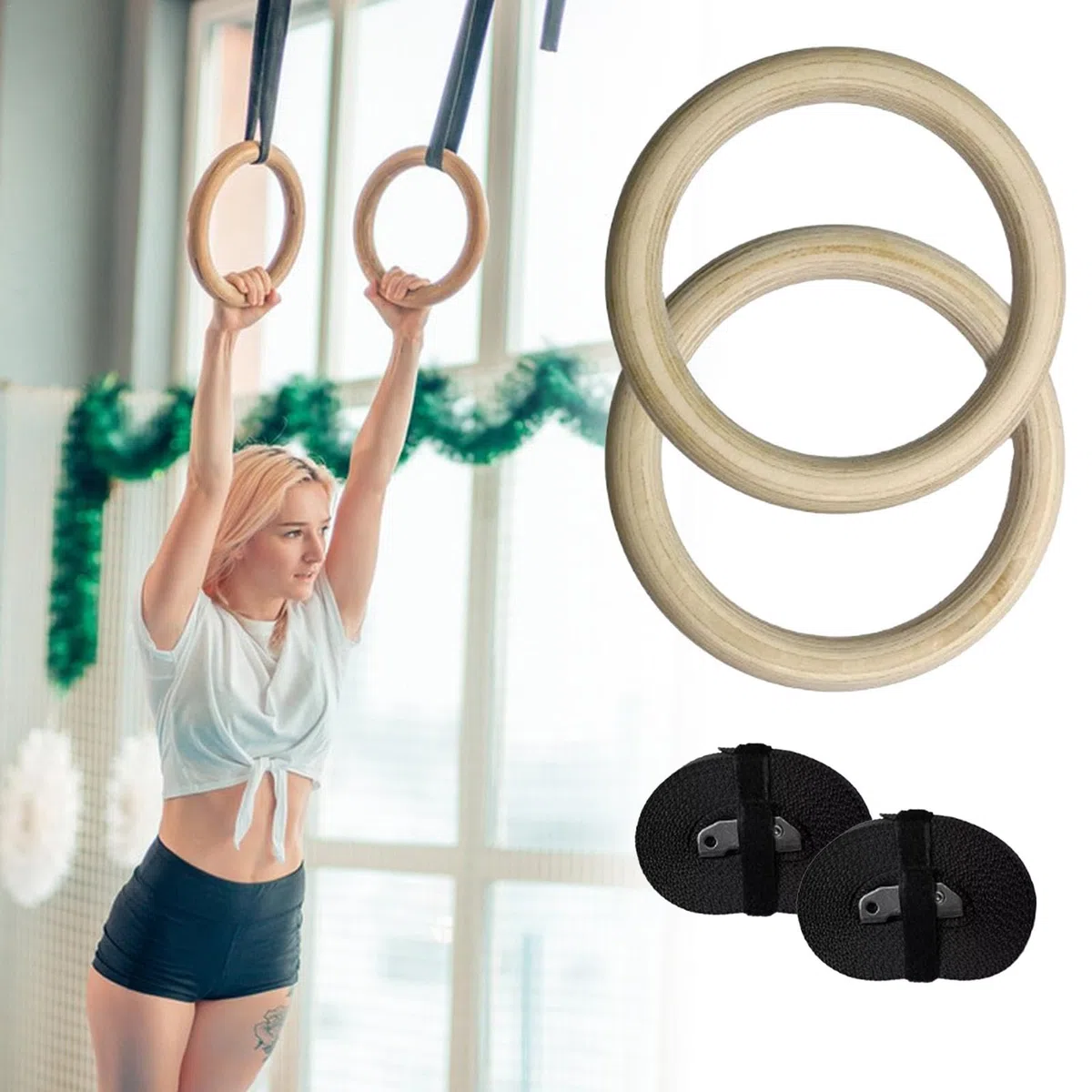 Anelli da ginnastica in legno | Anelli da ginnastica in legno | Anelli da ginnastica | Questi doppi anelli da ginnastica sono versatili e robusti regolabili per fitness con cinghie robuste