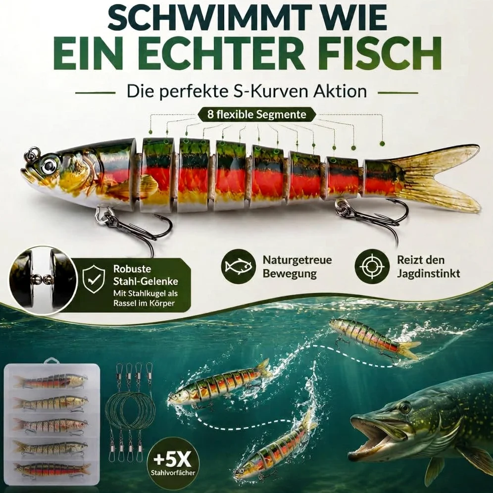 set esche artificiali 5 pezzi in scatola esche da pesca per la pesca dei predatori - spine multi-pezzo con snodo per una corsa realistica a lento affondamento