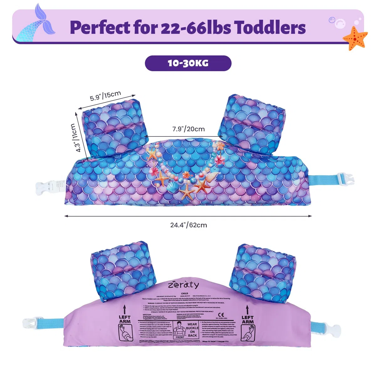 Zeraty Gilet da Bagno per Bambini Galleggianti per Bambini Bambini Nuoto Fascia da Braccio con Imbracatura a Spalla Braccio Wings,Nuoto Aids Giacca per 20-50 lbs/2-6 Anni Ragazzi/Ragazze