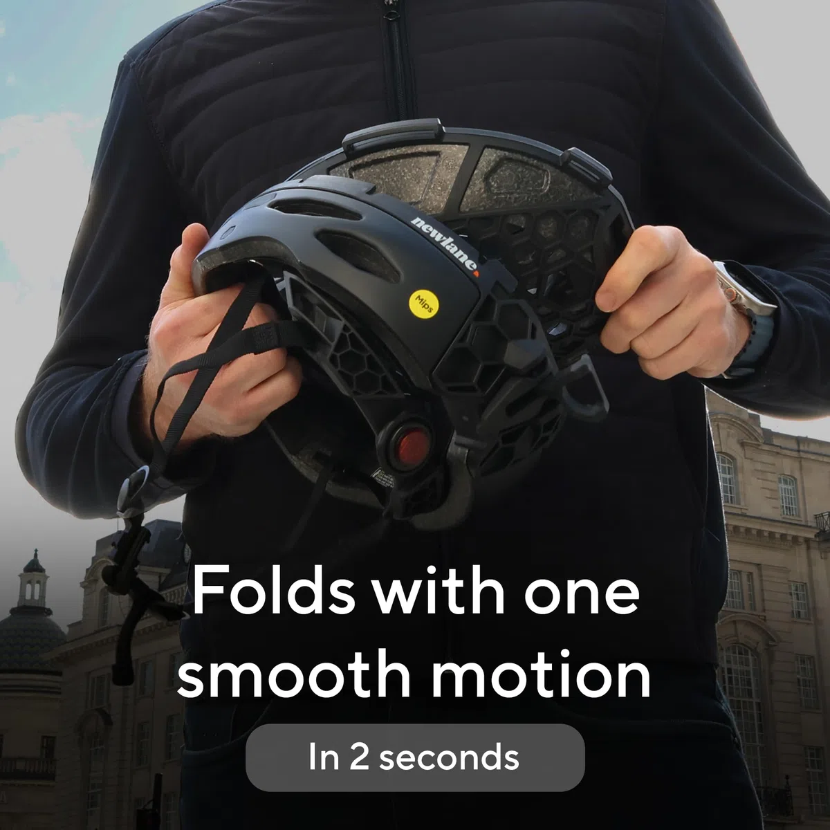 Newlane Casco da bici pieghevole con protezione MIPS (nero con linguetta bianca/M) | Compatto, leggero e certificato di sicurezza | regolabile e traspirante | Casco da bici per uomo e donna