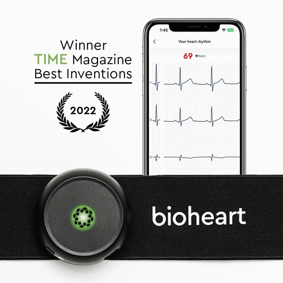 Bioheart - Cardiofrequenzimetro Bluetooth | Monitoraggio continuo della frequenza cardiaca | Fascia toracica Dispositivo mobile per la frequenza cardiaca | Abbonamento di un anno incluso