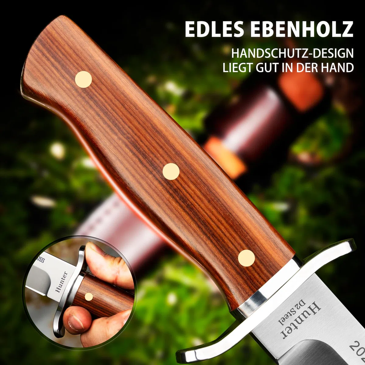 NedFoss Coltello da caccia affilato Hunter, coltello da sopravvivenza per esterni, affilatore D2 con squisita custodia in pelle, manico in legno rosso, 59-60HRC, extra affilato, marrone
