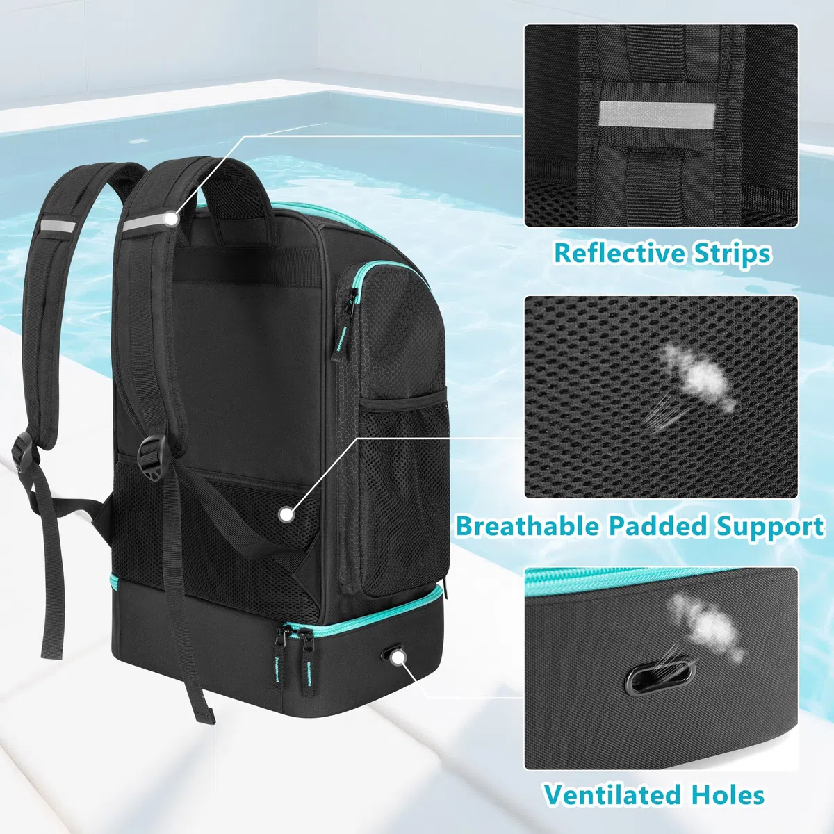 GOBUROS Borsa da Nuoto per Nuotatori con Scomparto per Scarpe, Zaino da Piscina per Uomini e Donne, Borsa con Tasche Multiple per l'Organizzazione dell'Attrezzatura