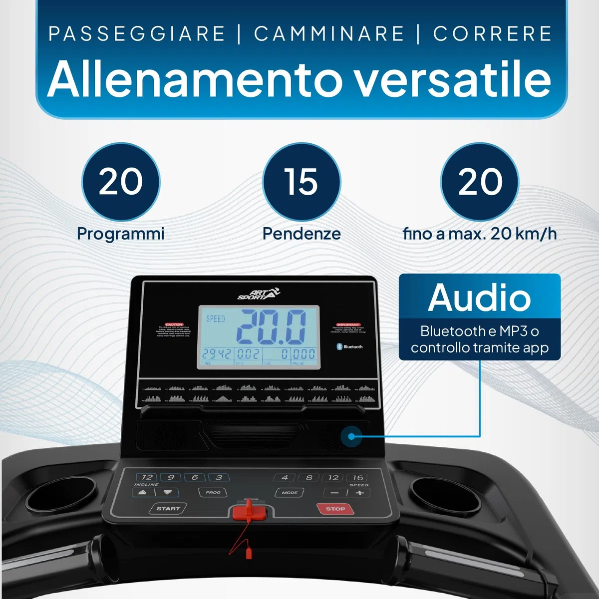 ArtSport Tapis roulant Speedrunner 6000 pieghevole - 22 km/h, 99 programmi, 22 livelli di inclinazione, display LCD da 7 pollici, fino a 150 kg, superficie di corsa: 133 x 50 cm