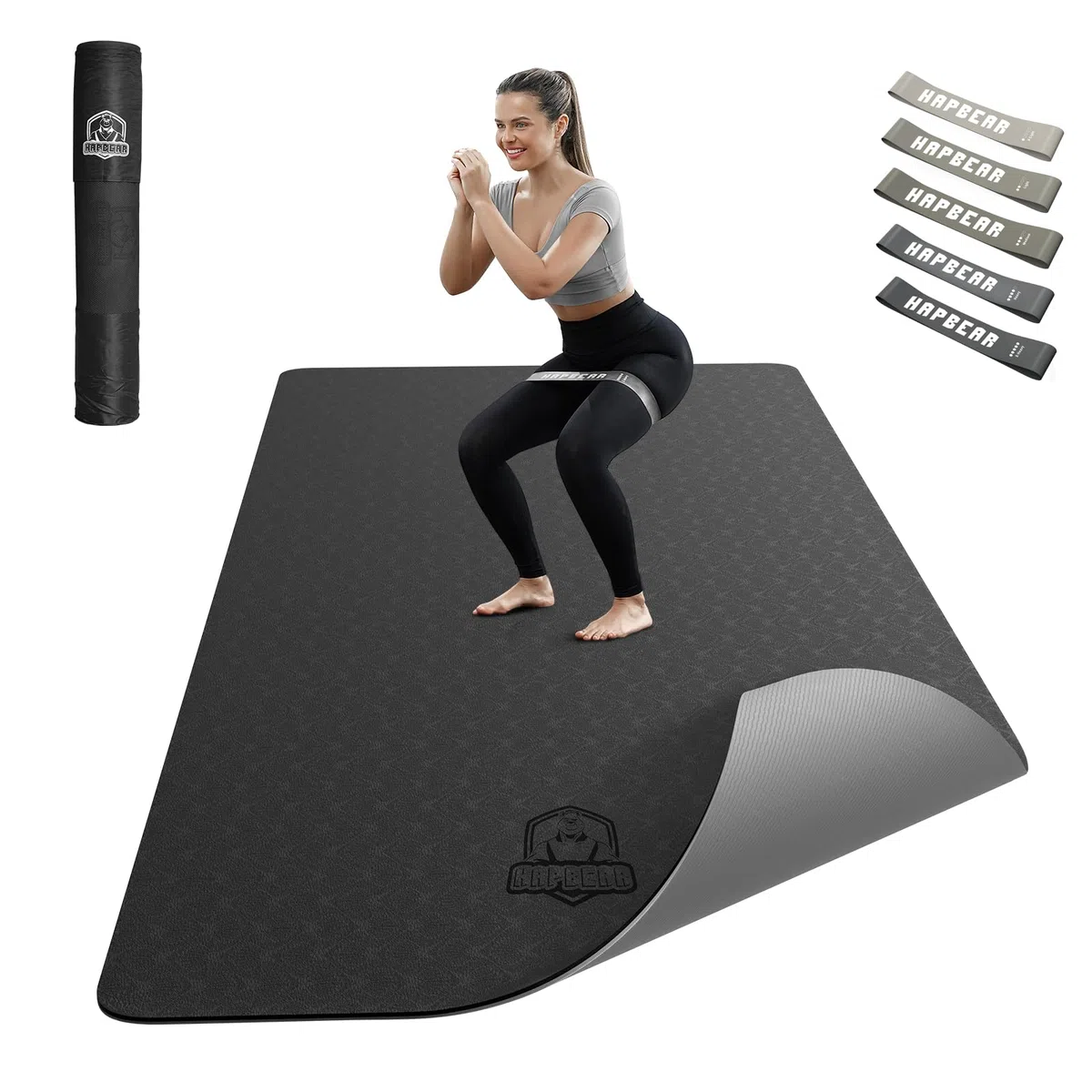 HAPBEAR Tappetino da Yoga Extra Large - 183 cm x 91 cm x 6 mm, TPE Antiscivolo, per Allenamenti a Casa, Yoga, Pilates e Stretching, Resistente, Ecologico,Inclusi Bande di Resistenza e Borsa da Portare
