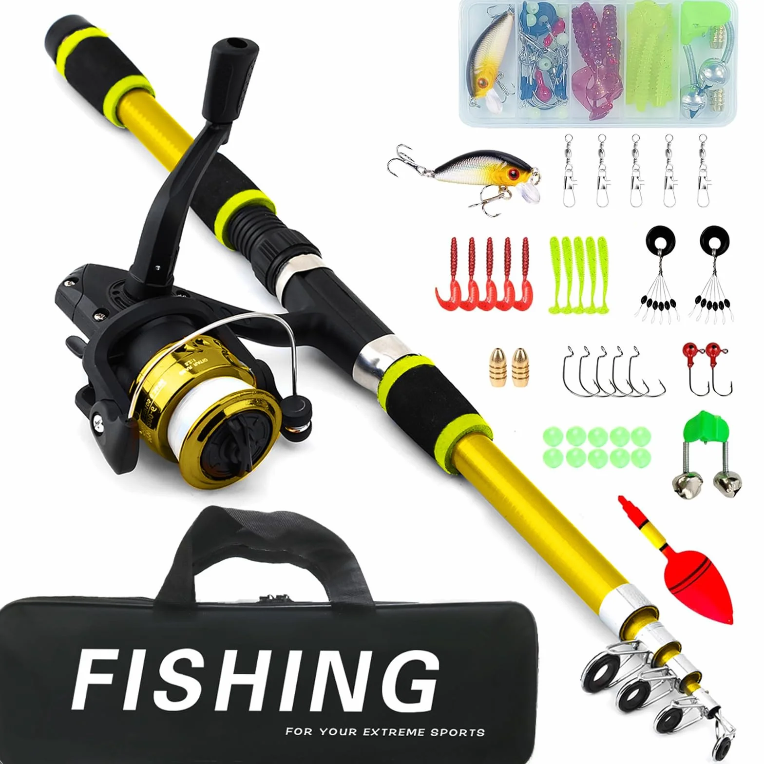 Set da pesca per bambini, 1,8 m, set di canne da pesca per bambini, con mulinello da pesca ed esca, in fibra di carbonio, telescopiche e mulinello, accessori da pesca per bambini dai 3 ai 10 anni