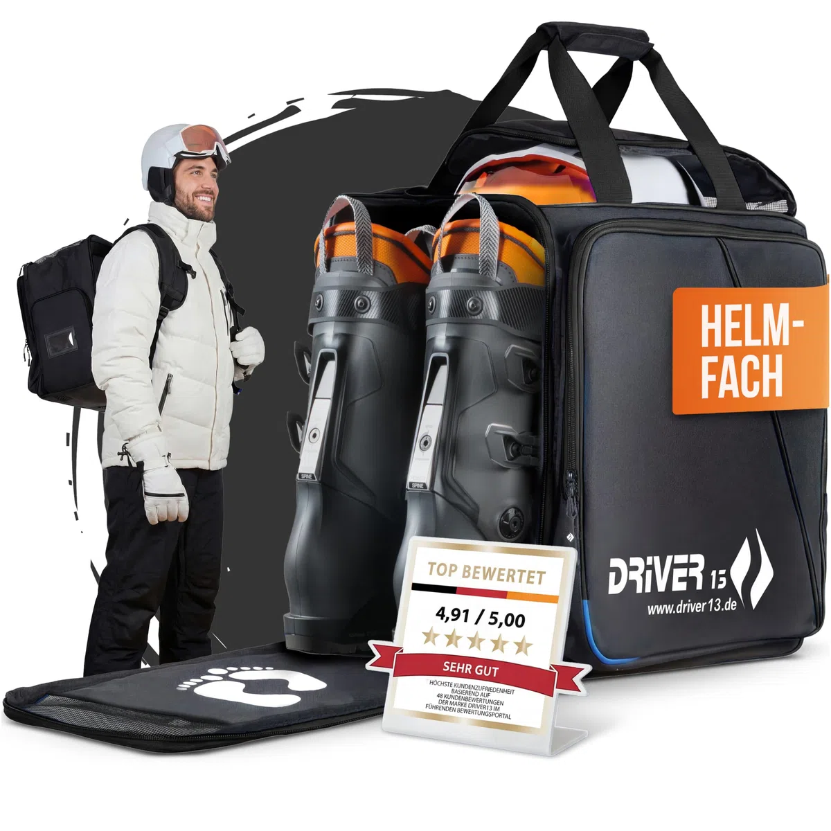 Driver13 Zaino da sci con scomparto per casco, ideale per i tuoi scarponi da sci con scomparto per casco duro + snowboard + pattini in linea + borsa da barca, dal 2007 l'originale con oltre 40.000