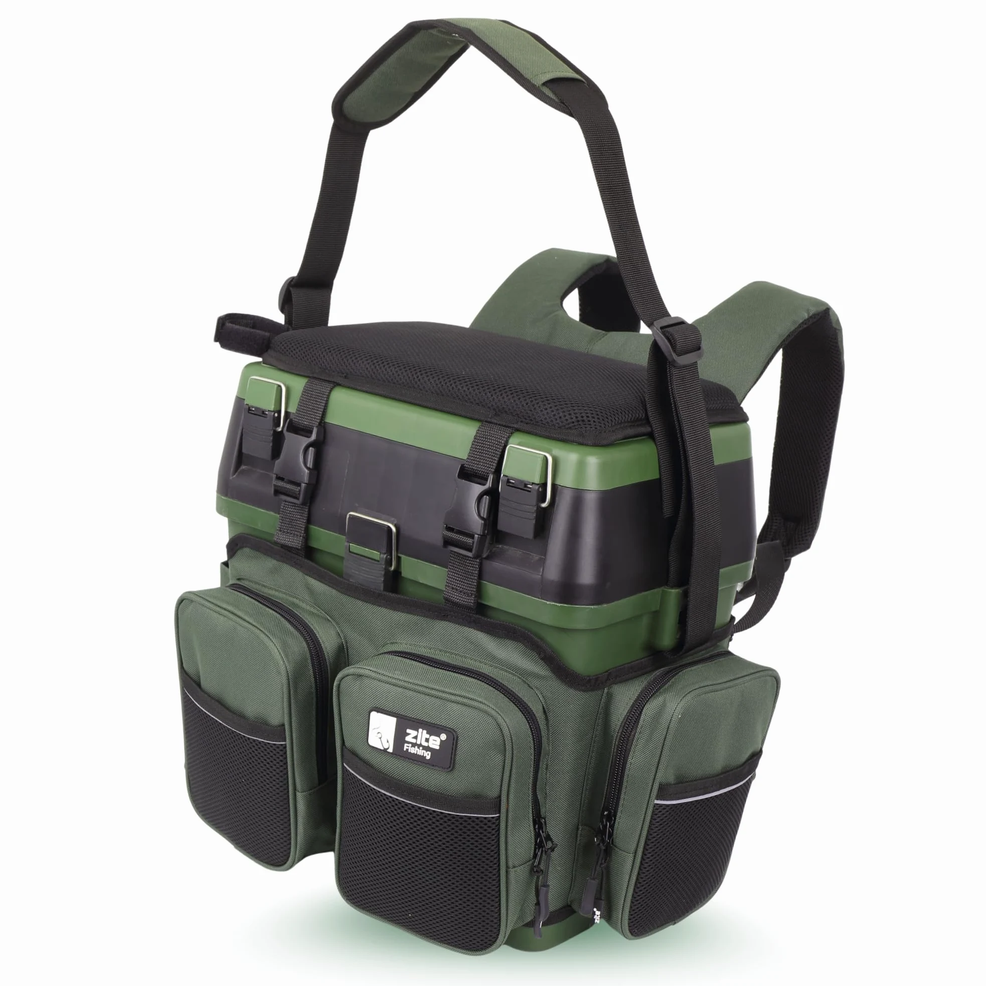 Zite Fishing - Zaino multifunzione con seduta, include 4 scatole in plastica nel coperchio, ideale per riporre accessori da pesca