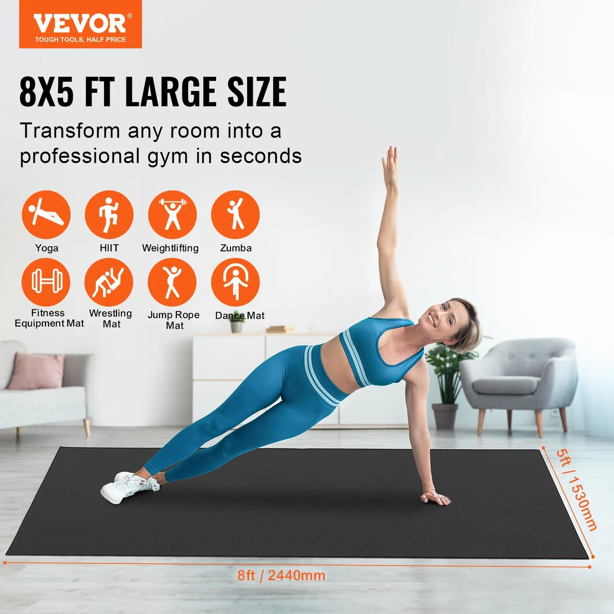 VEVOR Tappetino per Esercizi Yoga Premium ad Alta Densità Antiscivolo Tappetino per Fitness Esercizi con Borsa e Tracolla, per Tutti i Tipi di Yoga a Casa, Pilato e Allenamento a Terra 2440x1530 mm