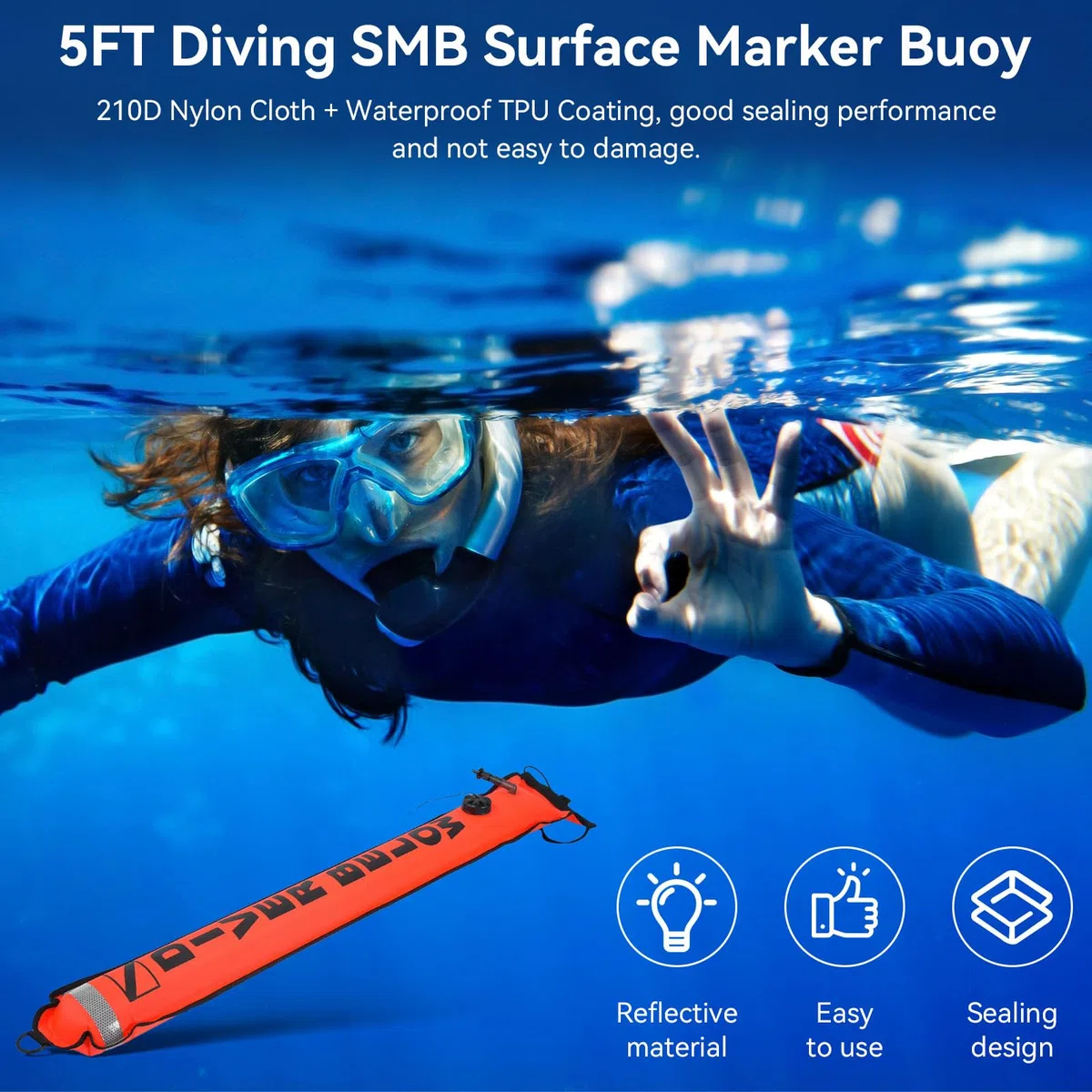5FT Diving SMB Boa di Segnalazione di Superficie Boa di Segnalazione Gonfiabile ad Alta visibilità con Striscia Riflettente Boa di Segnalazione di Sicurezza Galleggiante