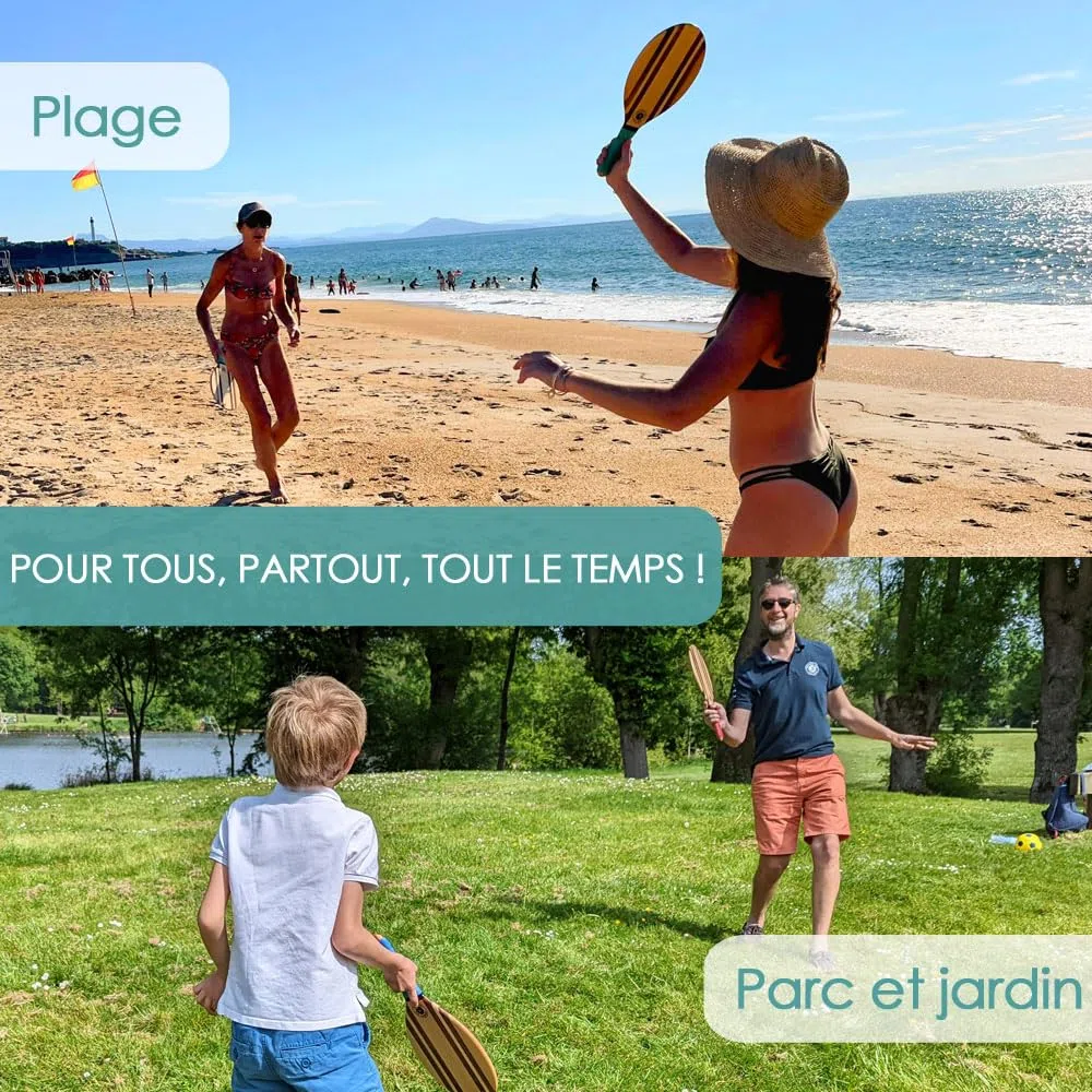 Set di 2 racchette da spiaggia in legno massiccio con palline, ispirazione brasiliana con borsa da trasporto in neoprene, design elegante