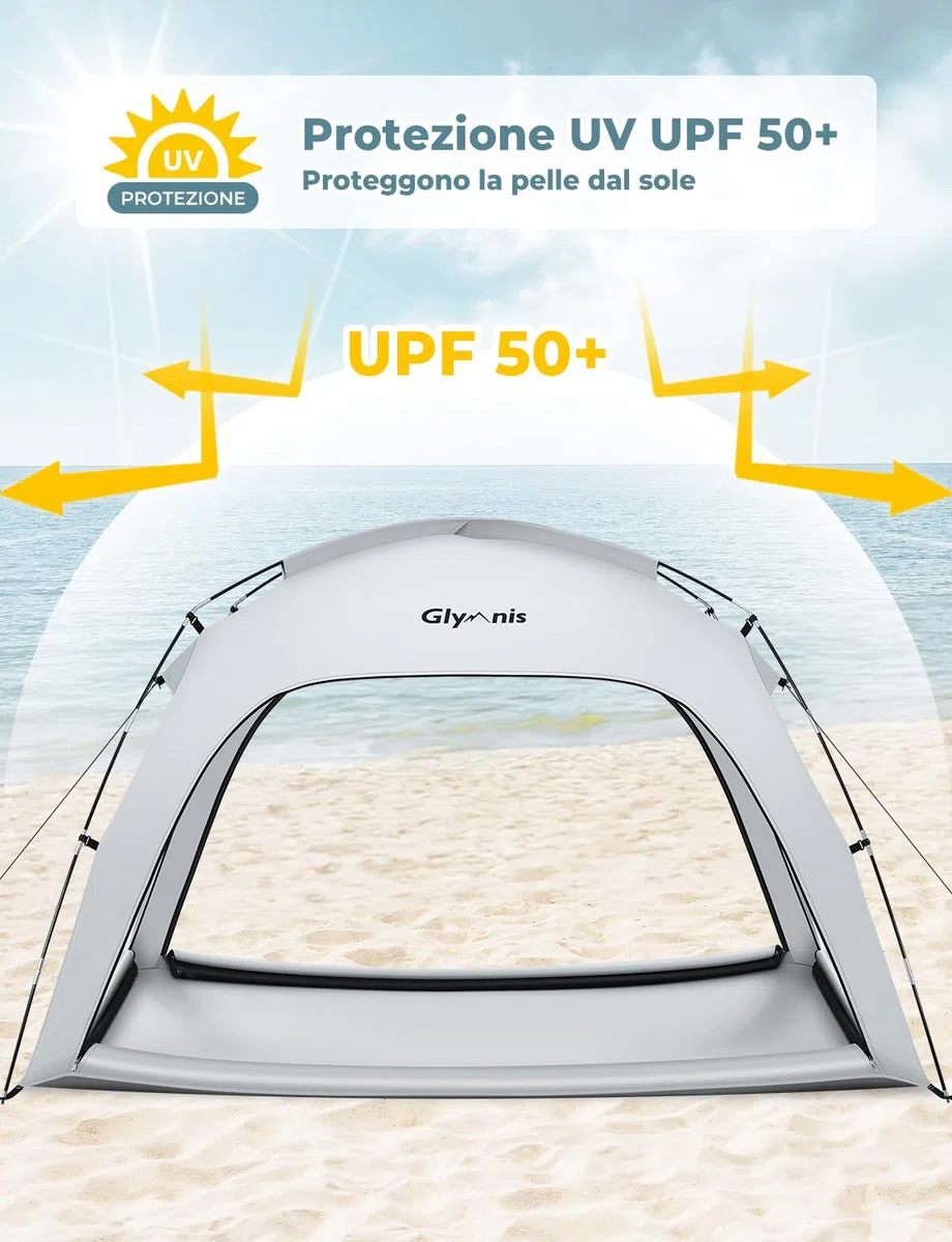 Glymnis Tenda da Spiaggia Grande Adatta a 3-4 Persone, Tenda da Spiaggia Portatile con Cerniera, Leggera Tenda Sole Spiaggia con Dimensioni di 220 x 180 x 125 cm, Facile da Montare, UPF 50+