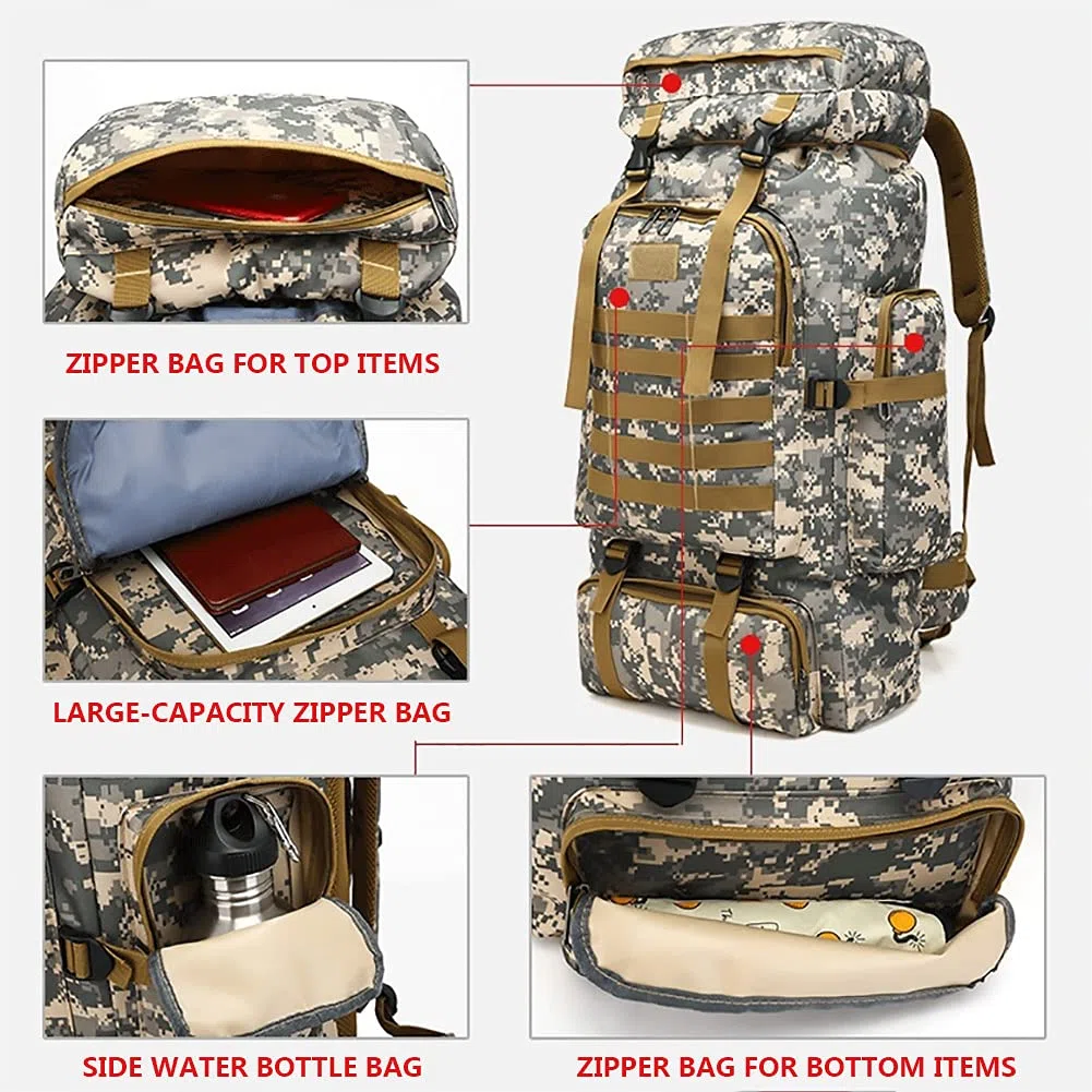 Zaino da alpinismo di grande capacità per escursionismo, campeggio, sport all'aria aperta, borsa tattica idrorepellente con sistema Molle, cinghie regolabili, motivo mimetico, Urban Camouflage