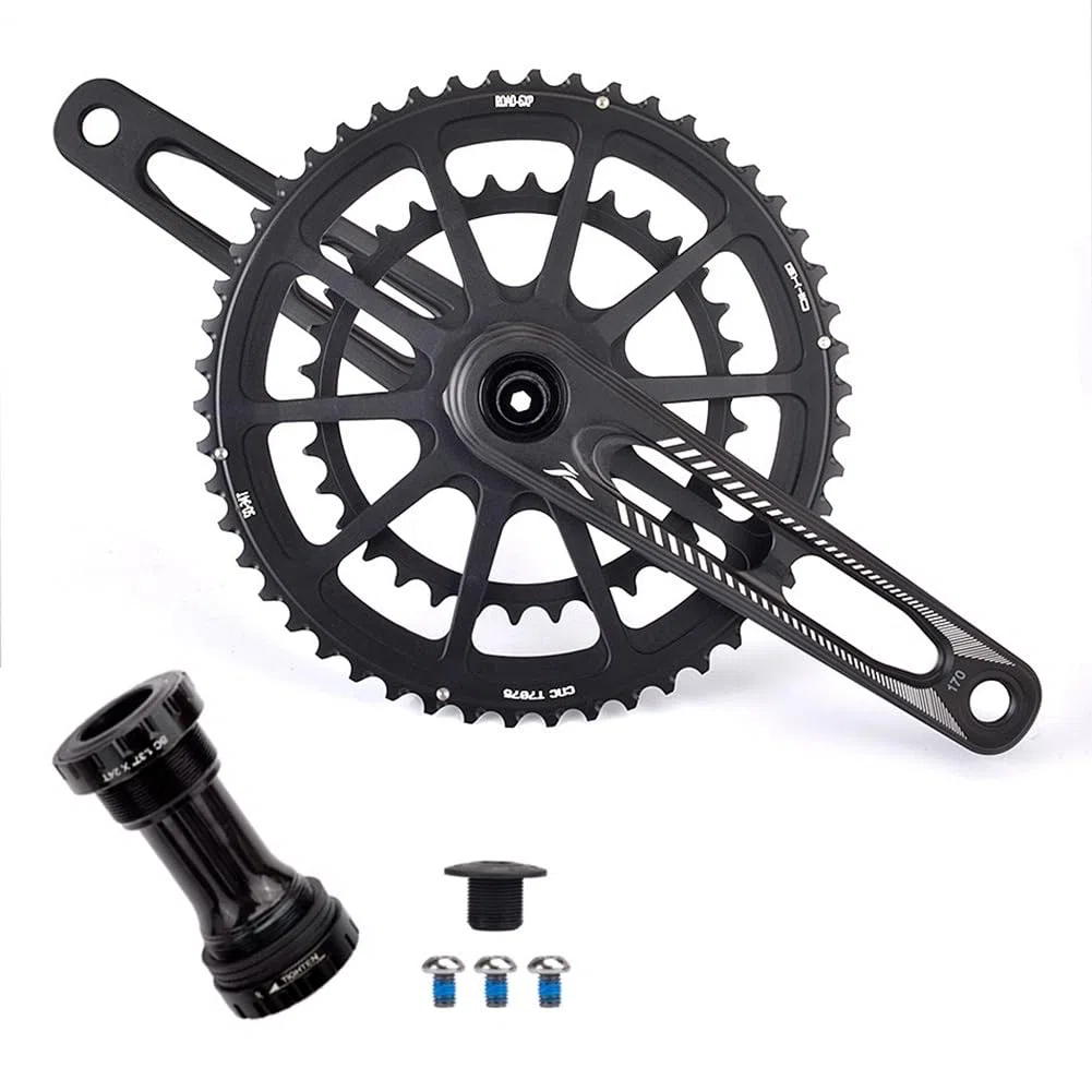 Guarnitura per Bici da Strada da 170 mm con Doppia velocità 50-34T/52-36T/53-39T, pedivella scheletrica Integrata Cava per BMX Pieghevole BSA BB 7-12S, Nera.