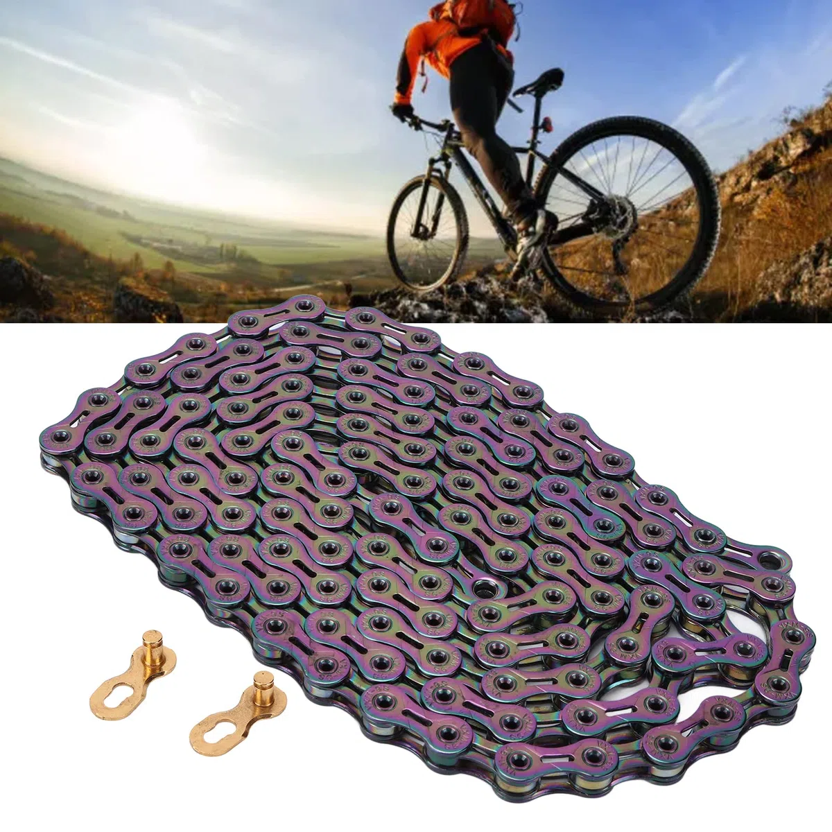 Catena per mountain bike a 9 velocità Catena per bicicletta durevole colorata Trattamento di tempra a caldo Galvanotecnica completa per mountain bike Acciaio al carbonio 300g