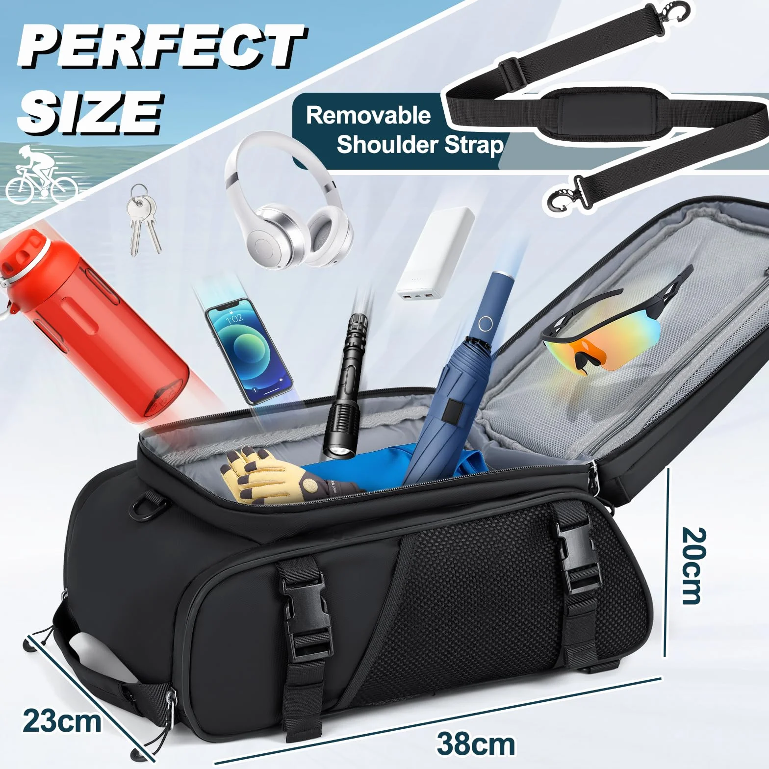 RAINSMORE 3 in 1 Borsa Bici Posteriore 15L Impermeabile Borse per Bicicletta Posteriori con Copertura Antipioggia e Striscia Riflettente Nero