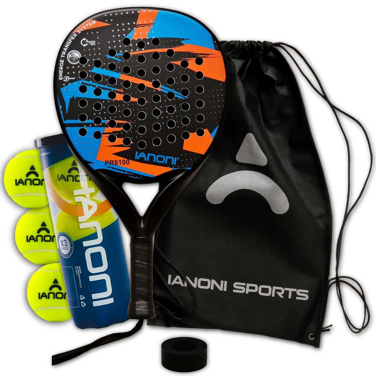 ianoni Racchetta da padel con superficie in fibra di carbonio con nucleo in schiuma EVA Memory Flex – 8100 arancione + borsa + 3 palline Pro Padel + presa extra