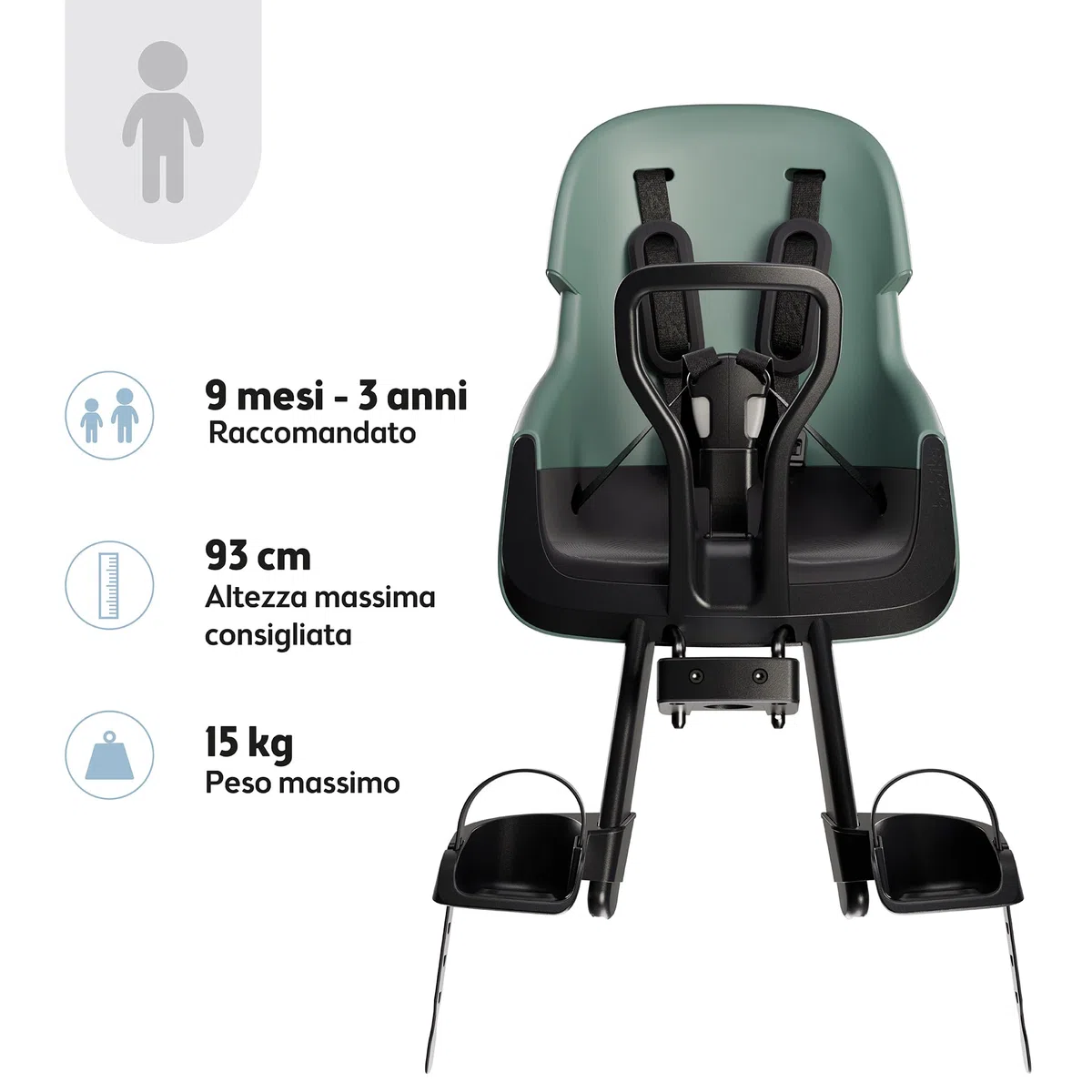 Seggiolino Anteriore Da Bicicletta Per Bambini Bobike EVOLVE MINI con Sicurezza Doppia, Design Avvolgente e Montaggio su Tubo di Sterzo per il Massimo Comfort e Stile