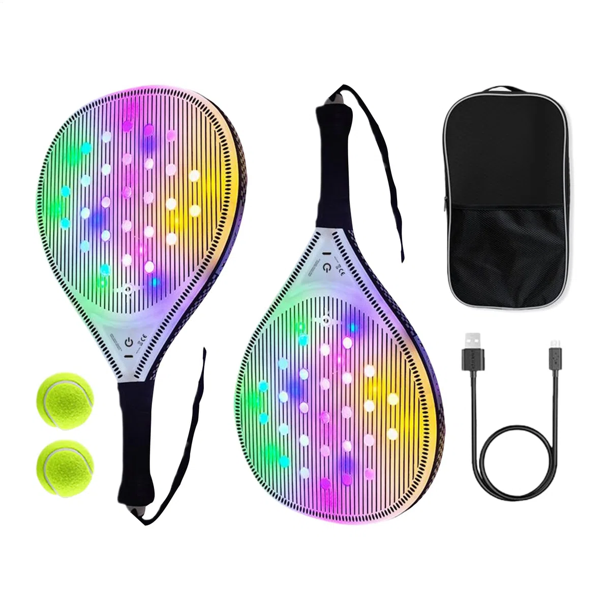 Racchetta da Tennis per Donne Set Di Pagaia Da Spiaggia Luminosa USB | Racchetta In Fibra Di Carbonio Con 2 Palline Sportivi Per Allenamento Viaggio Giovani Sport All'aperto